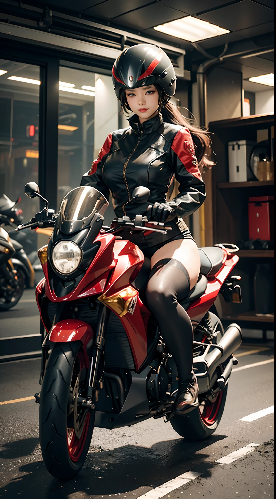 The highest image quality,Excellent detail,超高分辨率,(真实感:1.4),The best illustrations,Favor detail,Highly concentrated 1girl,exquisite and beautiful face,huge boob,The upper body is dressed in black and red tights,There is no opening in the chest,wearing a mech helmet,Hold the direction controller,riding a motorcycle,Full body display,In the background is locomotive tracks。