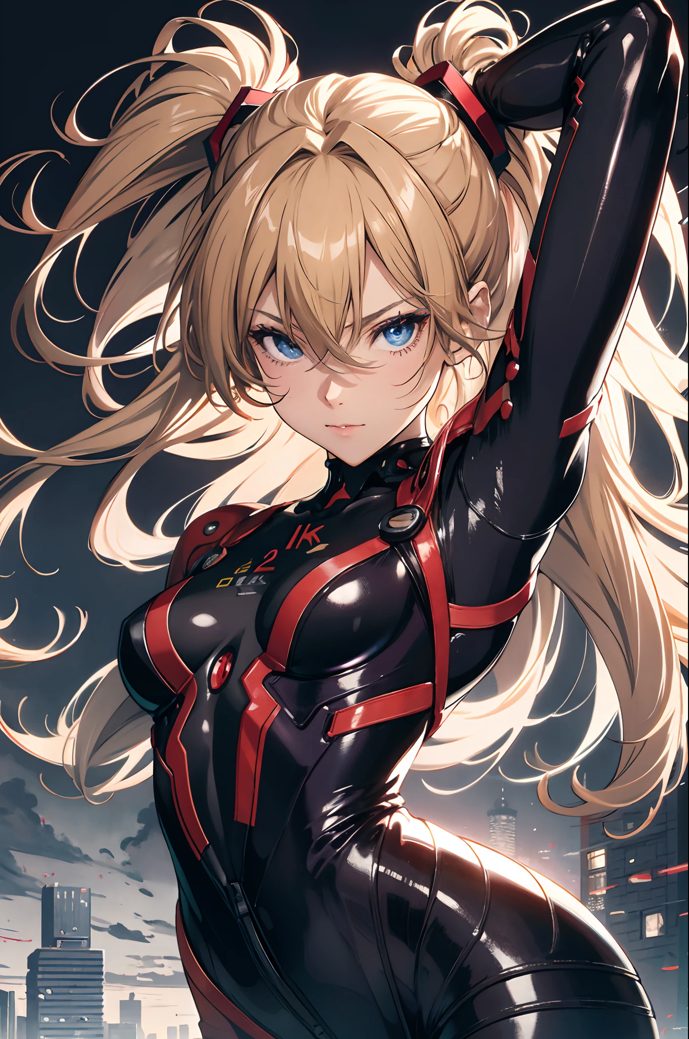 official art, unity 8k wallpaper, ultra detailed, beautiful and aesthetic, masterpiece, best quality, realistic, close-up, skindentation, souryuu asuka langley, interface headset, bodysuit under clothes, detailed eyes, detailed face, detailed hair, black background, straight-on, looking at viewer, glossy,
