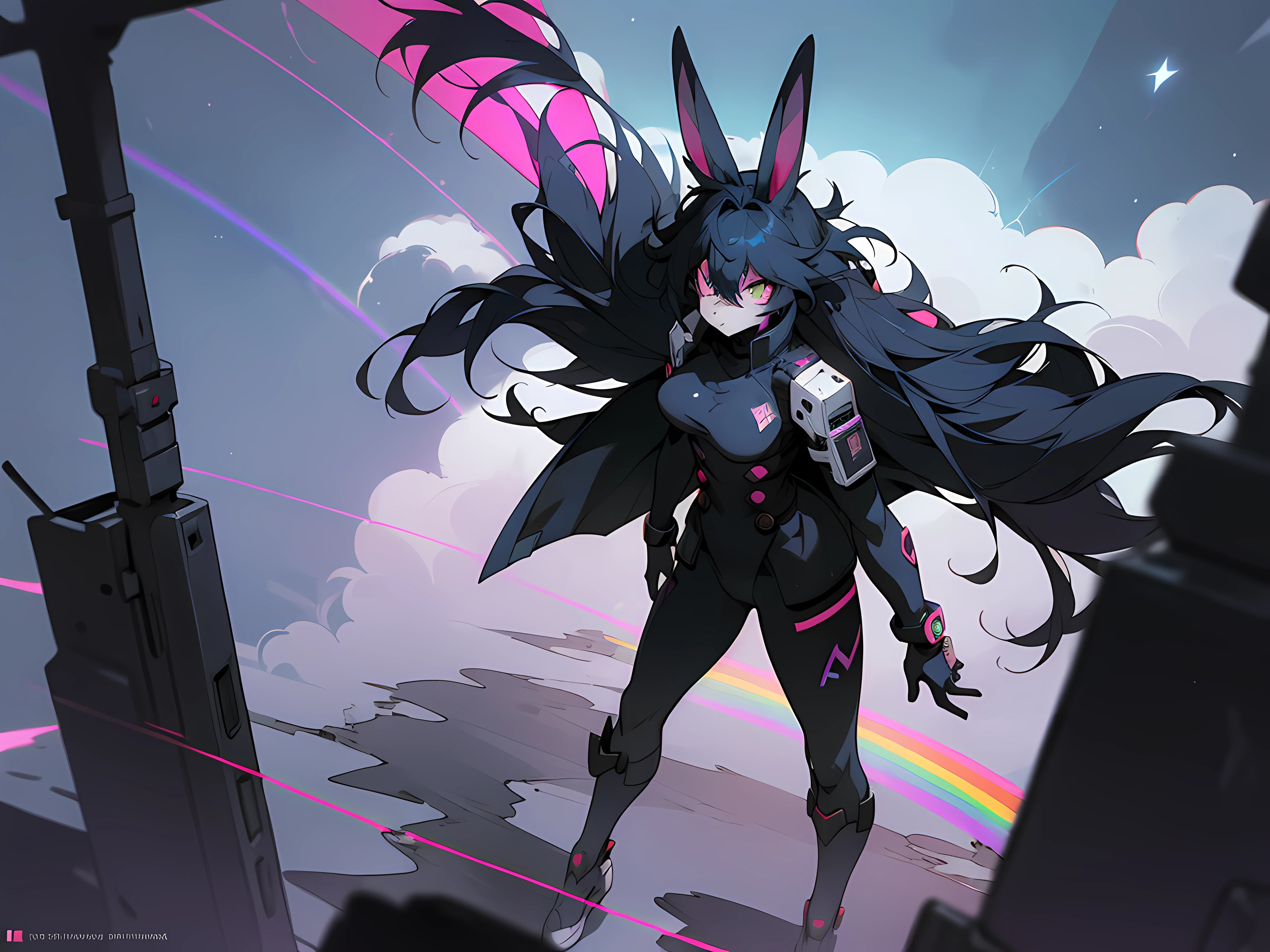 (((crowd of bunny superheroes flying through astral cloud dimension))), (((cyberpunk bleak bleak bleak dark black black black bleak gray))), vampire hunter d, (vintage vhs), (crt screenshot), (((dark scene))), (((dark cloudy scene))), (((angel's egg anime))), (((serial experiments lain anime))), (((dystopian rainbow clouds scene))), (((unlit nighttime scene))), (((dark abandoned cyberpunk astral dimension))), (((angry black anthro kemono furry rabbit fighters with uniforms and tall bunny ears exploring old rainbow clouds))), (((cyberpunk dystopian rainbow clouds filled with glowing stars))), anime black rabbit superheroes with futuristic hair and piercing glowing eyes and tall bunny ears, anime art, anime aesthetic, (((old rainbow thunderstorm in background cel art))), kemono anime rabbits, wearing cybernetic bunny ears, angry fighters --v6