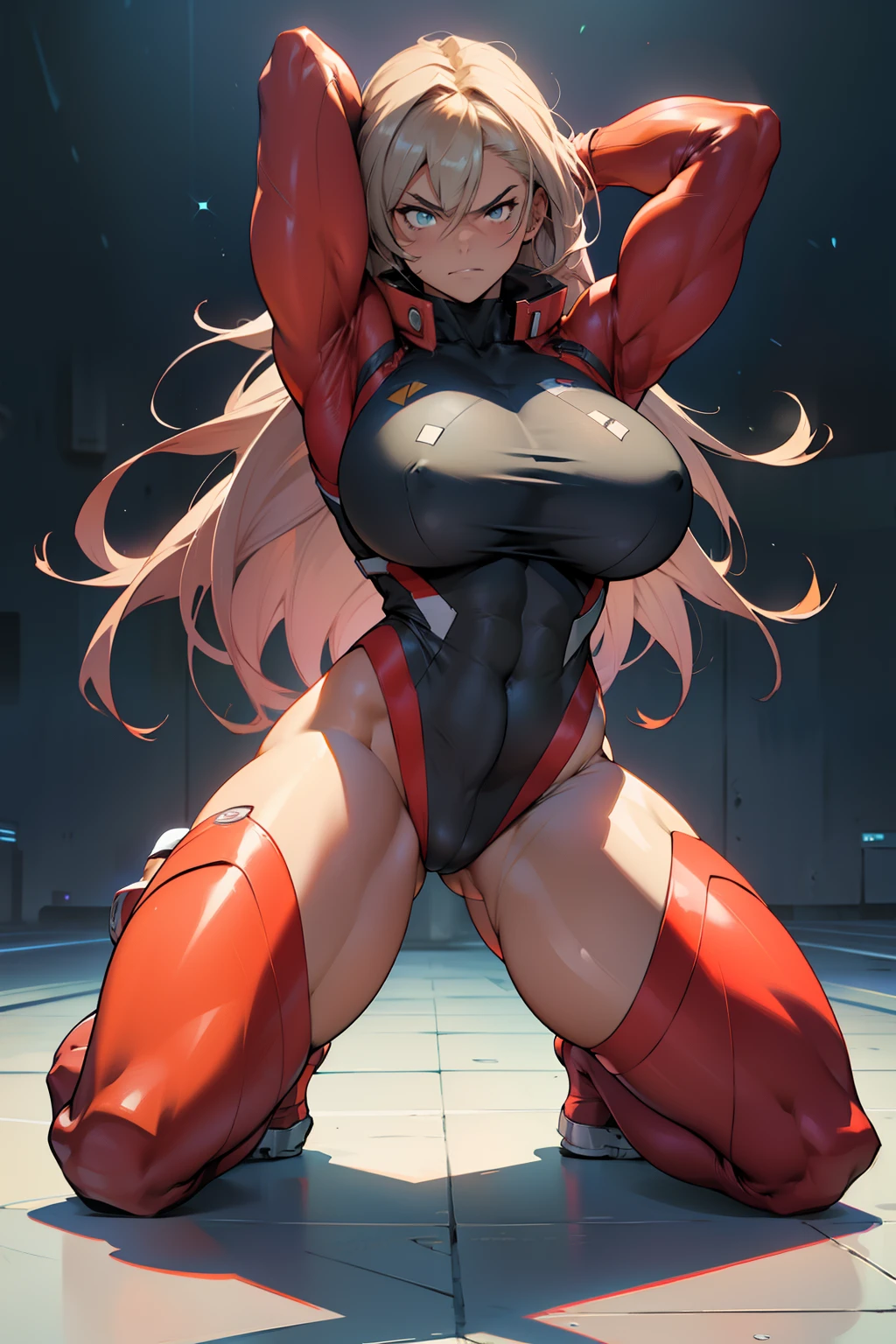 1girl, solo, long hair, (kneeling down), angry, ((perfect anatomy)), spreading legs, looking at viewer, presenting, ((((thick thighs)))), ((((huge breasts)))), (muscular), (full bodysuit), arms over head