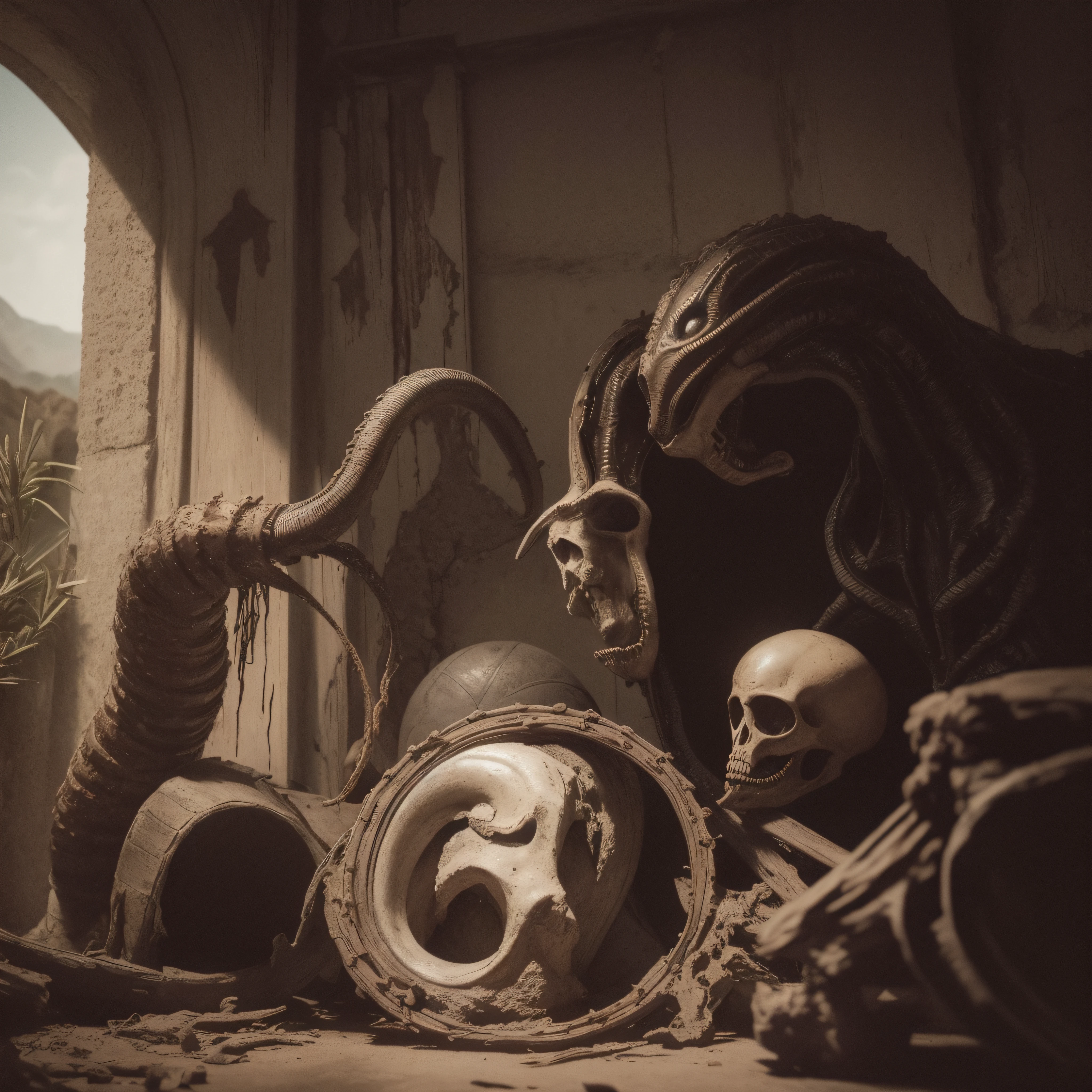 (extremadamente detallado, obra maestra, La mejor calidad), Estilo oscuro, intense illumination, rostro con arrugas, hombre crucificado, rusted, axe, tentacle, monstruoso, interior de una piscina de agua verdosa, imagen submarina, alien con Colmillos finos. manchas de tinta. Rococo composition. Luz de caravaggio