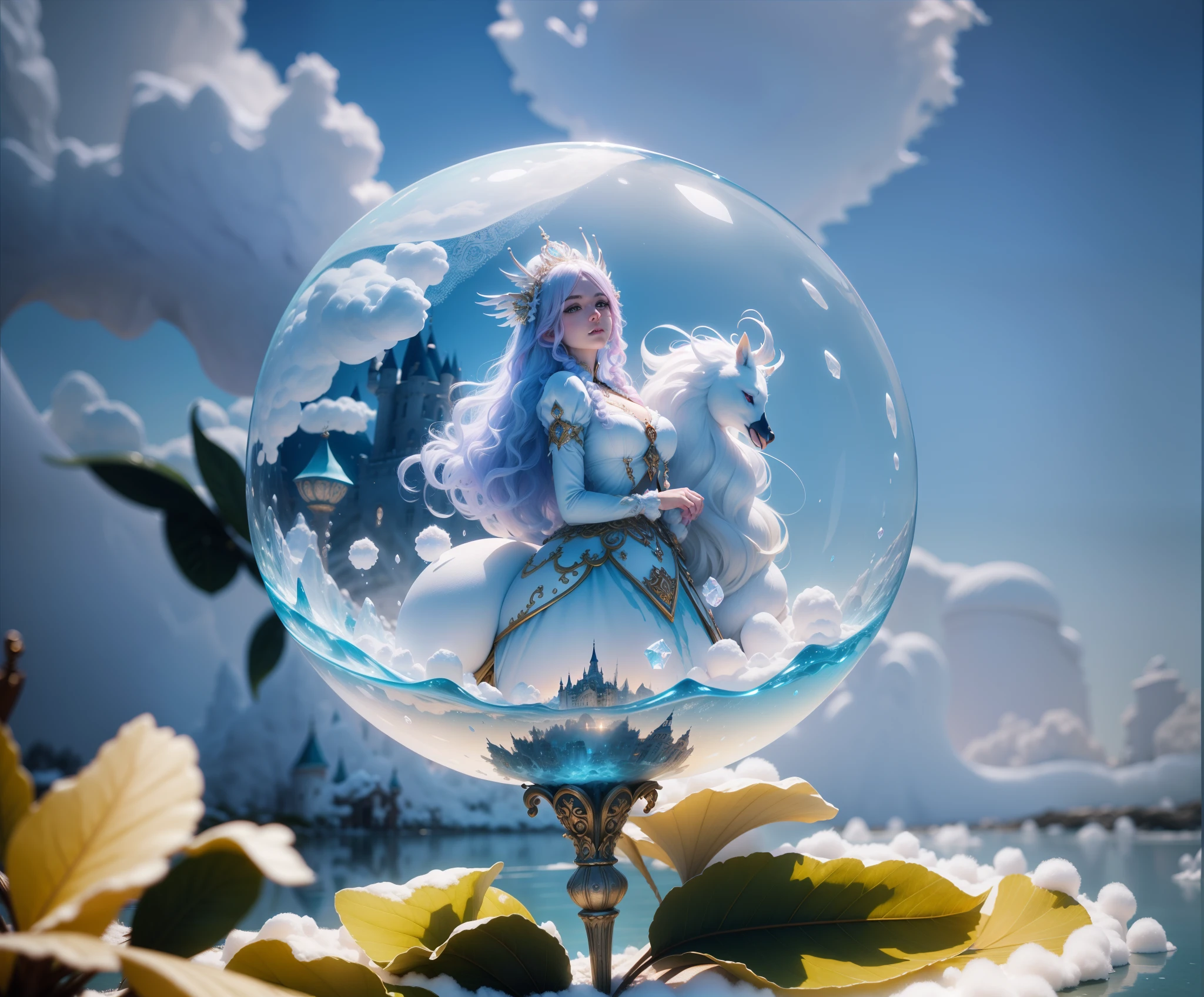 Cotton Candy Queen Women Goddess 8k Resolution Rendered Hyper Realistic Intricate Detail lives in an frosty ice bubble, a fanciful place filled with castles, cotton candy, swans lakes and fluffy clouds, An intricate visual representation of computer programing, rendered in 24k resolution with intricate details and symbols.