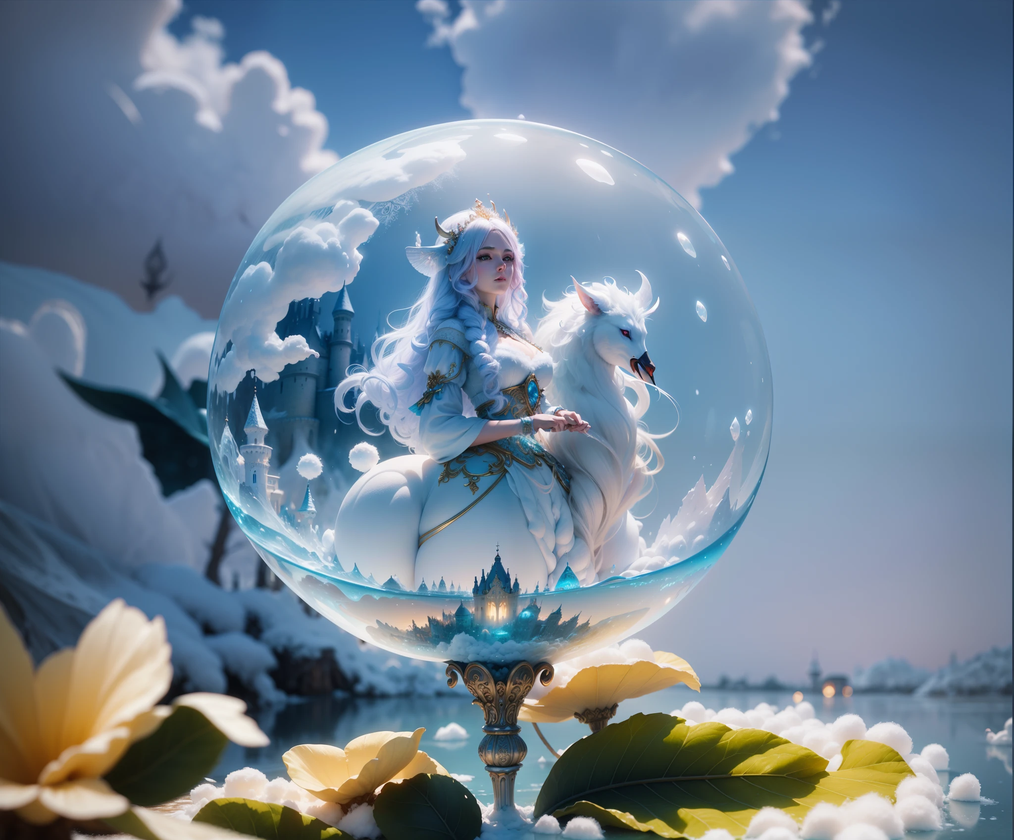 Cotton Candy Queen Women Goddess 8k Resolution Rendered Hyper Realistic Intricate Detail lives in an frosty ice bubble, a fanciful place filled with castles, cotton candy, swans lakes and fluffy clouds, An intricate visual representation of computer programing, rendered in 24k resolution with intricate details and symbols.