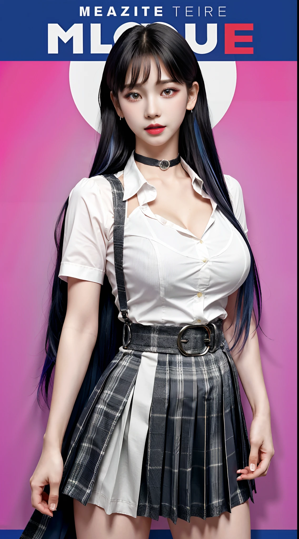 masterpiece, best quality, full body, 1girl, bangs, black choker, black necktie, black hair, blue skirt, blush, bracelet, breasts, choker, clothes around waist, collarbone, collared shirt, cowboy shot, dress shirt, ear piercing, eyebrows visible through hair, gradient hair, grin, gyaru, jewelry, kogal, long hair, looking at viewer, loose necktie, necktie, piercing, plaid, plaid skirt, pleated skirt, red eyes, ring, school uniform, shirt, skirt, smile, solo, white shirt, street, sky, cherry blossoms, petals,illustration, (magazine:1.3), (cover-style:1.3), fashionable, woman, vibrant, outfit, posing, front, colorful, dynamic, background, elements, confident, expression, holding, statement, accessory, majestic, coiled, around, touch, scene, text, cover, bold, attention-grabbing, title, stylish, font, catchy, headline, larger, striking, modern, trendy, focus, fashion, gigantic boobs