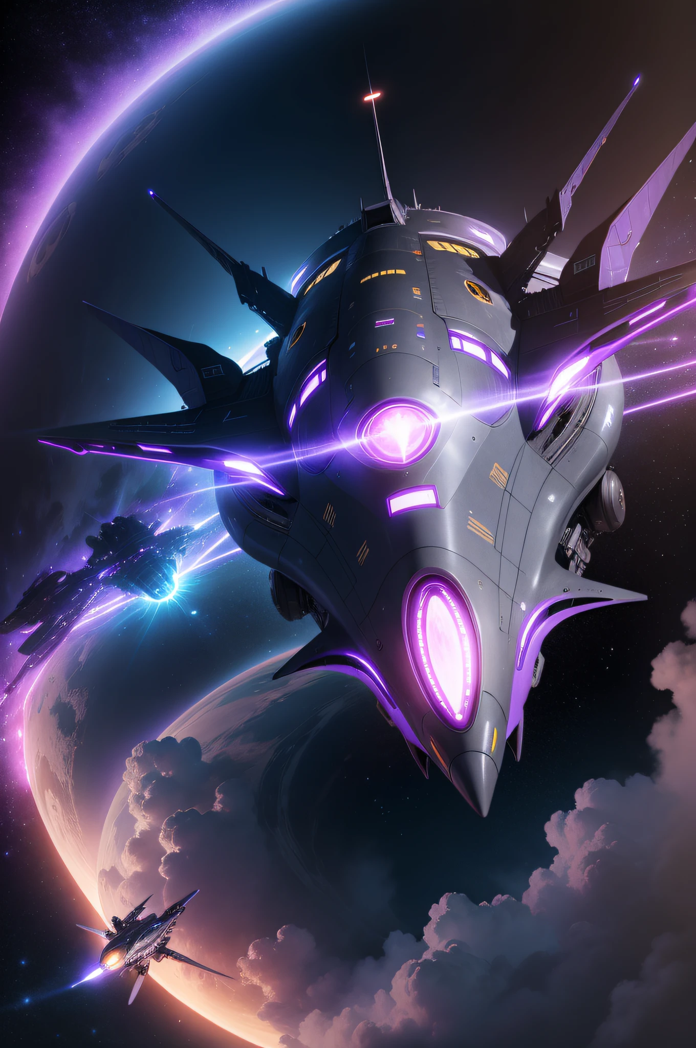 Super technological and futuristic alien ship 4K 8D in space flying super fast heading towards Earth with a purple lighting