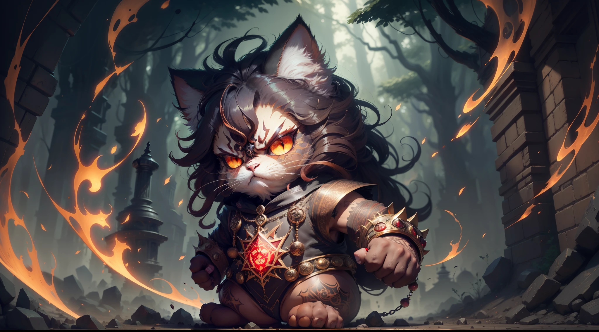 persian cat Anthropomorphic, steampunk,,, spiderman dress with intricate ornamentation red and black,,,,,, highest quality,, very angry face, body fitness, full body, long hair with braids, in a stream in a majestic forest, in the floor there is drawn a pentagram with stones