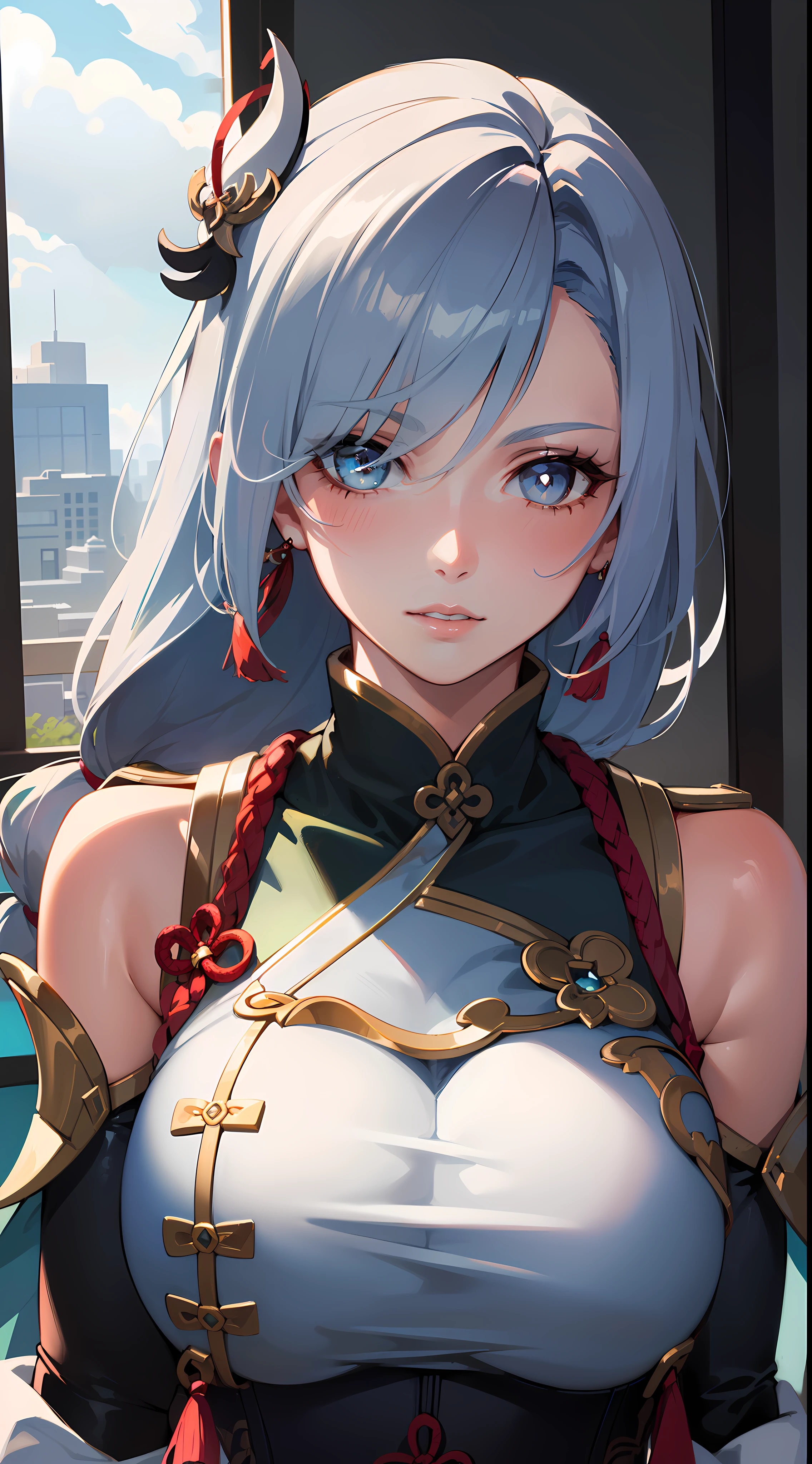 shenhedef, shenhernd, upper body, seductive look, blush, indoors, in office, looking at viewer, cloudy, moody lighting, (perfect detail eyes:1.2), glowing eyes, (long hair one braid:1.2), elemental skill effect, (Masterpiece, Best Quality, High Quality:1.4), professional artwork, Intricate Details, field of view, sharp focus, detailed painting, photorealistic lighting, trending on pixiv, (vivid lighting, vibrant colors:1.05), realistic shadows, ambient occlusion, (athletic body:1.3), mature woman, 30yo, shenhe, hyperdetail eyes, beautiful eyes, (((solo:1.4))), semi-realistic hair, hyperdetailed clothes