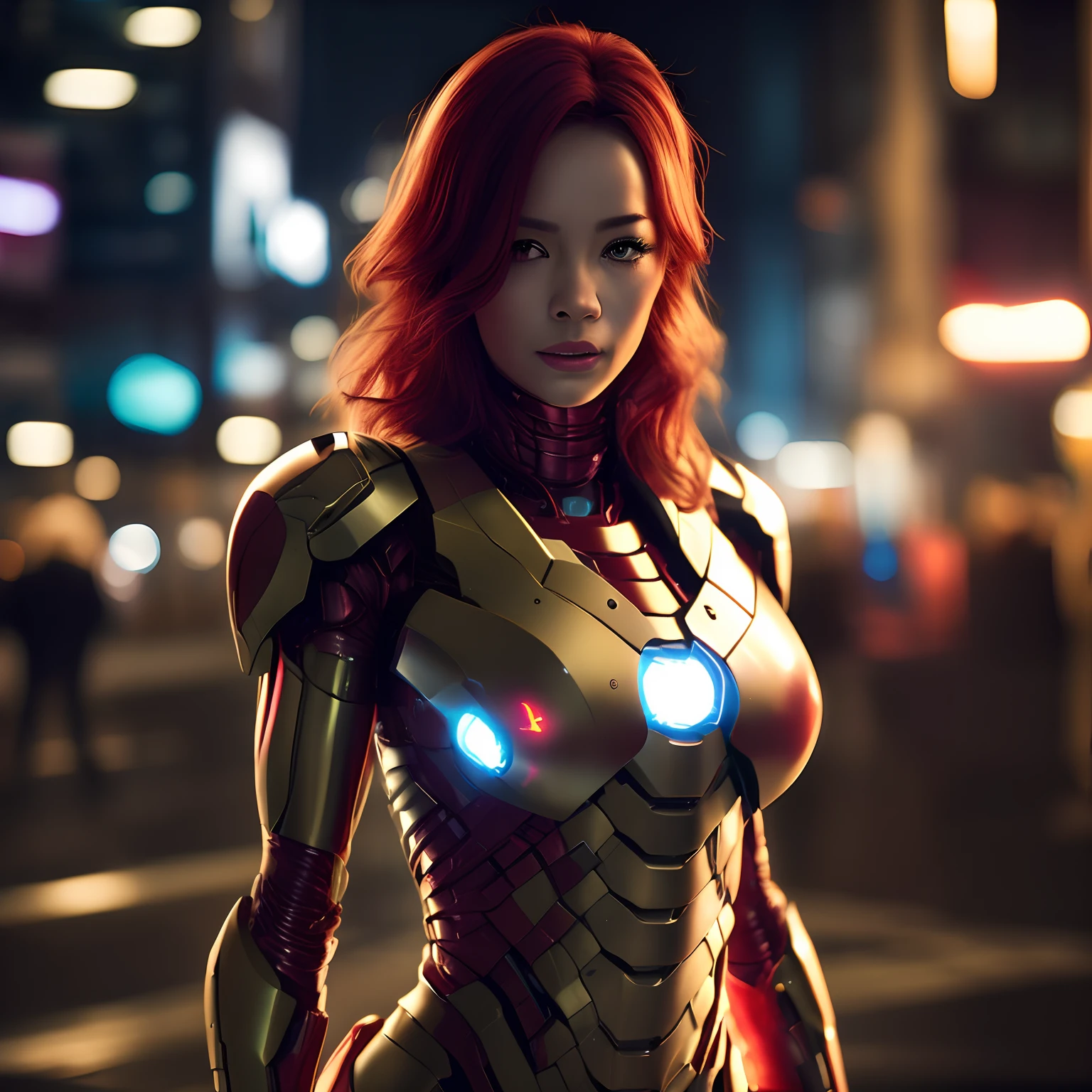 8k, realistic, attractive, highly detailed, a 20 year old girl a sexy and attractive woman inspired by Iron Man wearing a shiny Iron Man mech. She dresses with sexiness and confidence, perfectly interpreting Iron Man&#39;s strength and charisma. In a cyberpunk-style city night scene, a sexy and attractive woman takes Iron Man&#39;s cosplay as the theme. Wearing a shiny Iron Man mech, she stands on a street lined with tall buildings. The night lights of the city are bright, reflecting on her mecha, adding a sense of future technology. The surrounding buildings and streets are full of cyberpunk elements, such as neon lights, high-tech devices and futuristic architectural designs. The whole scene is full of futuristic and sci-fi atmosphere. This high-definition, high-quality picture will bring you stunning visual enjoyment, a perfect combination of sexy, futuristic and sci-fi elements. oc rendering, dramatic lighting, award winning quality