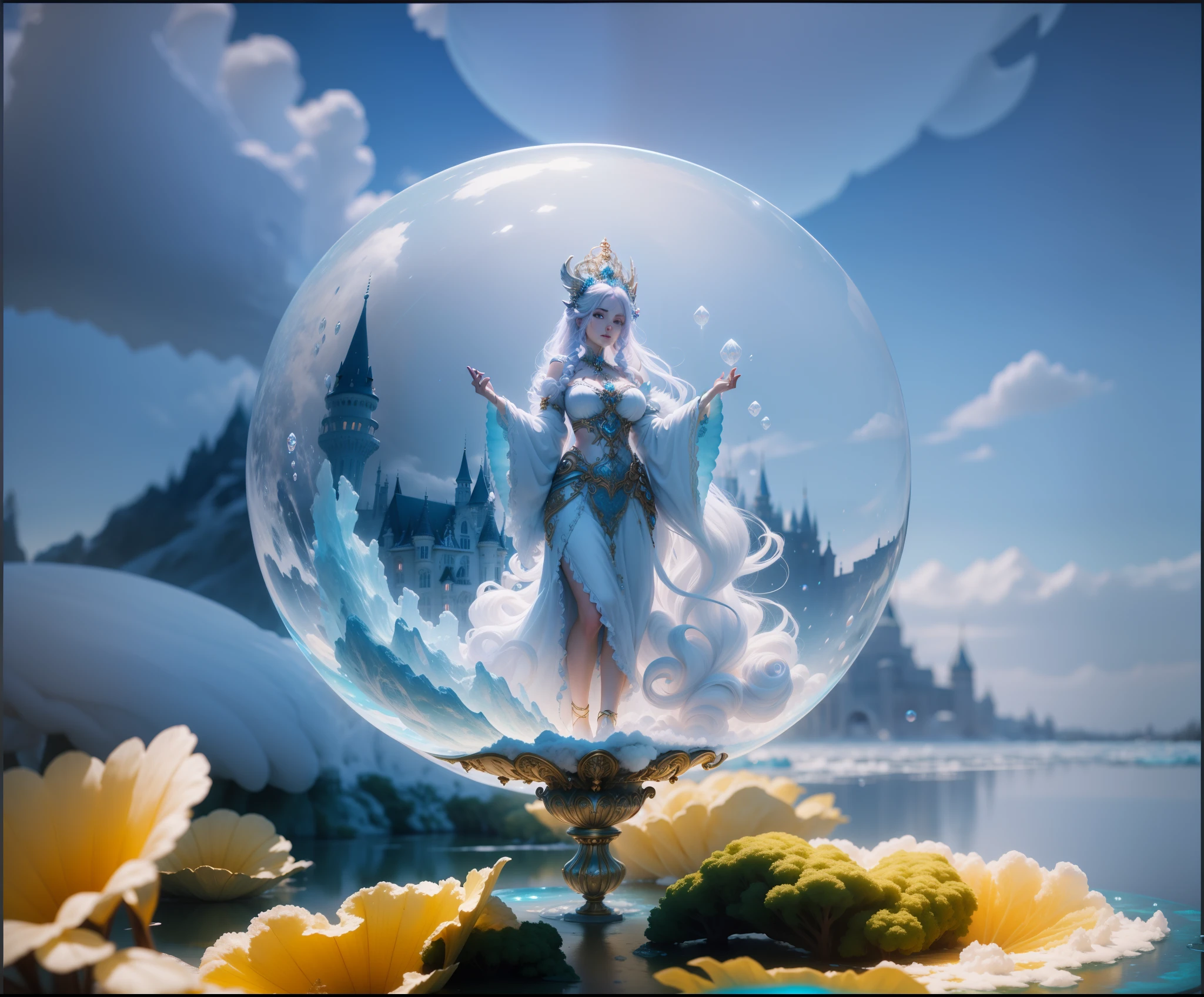 Cotton Candy Queen Women Goddess 8k Resolution Rendered Hyper Realistic Intricate Detail lives in an ice bubble, a fanciful place filled with castles, cotton candy, swans lakes and fluffy clouds, An intricate visual representation of computer programing, rendered in 24k resolution with intricate details and symbols.