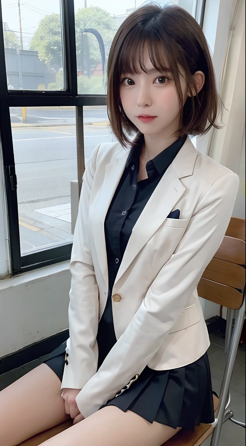 top Quority， realisticlying， 8K， k hd， 1 rapariga， Female Student， （1.8）， schools， Female Student， blazer jacket， 校服，Visible nipple， with no underpants， The skirt is boldly pulled up， （（sit on chair，legs are open））， bend the knees and open the legs， The hairstyle is slightly shorter， Buttoned shirt flutters