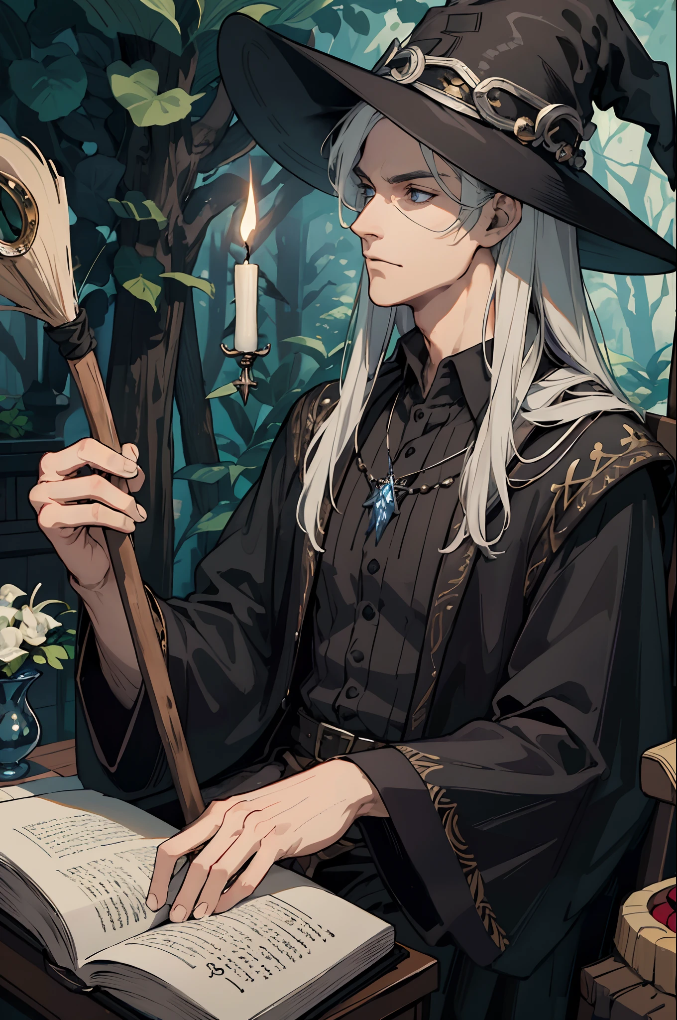 masterpiece, best quality, 1 male, adult, tall muscular, handsome, finely detailed eyes, intricate details, wizard, black hat with a pointed brim, broomstick with a carved handle, spellbook with a variety of spells, potion bottles with various ingredients, enchanted forest with a hidden wizard hut