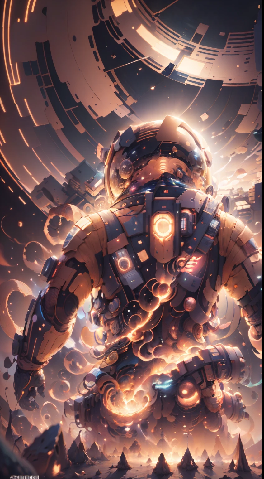 ((Masterpiece)), (Best Quality)), 8K, high detail, hyper-detail, the painting depicts a scene of breathtaking magnificent spatial images. The picture shows a man wearing a spacesuit, facing back, looking at a red glowing planet in space. The scenes are extremely detailed and the clarity is extraordinary, capturing every intricate detail of the panorama.