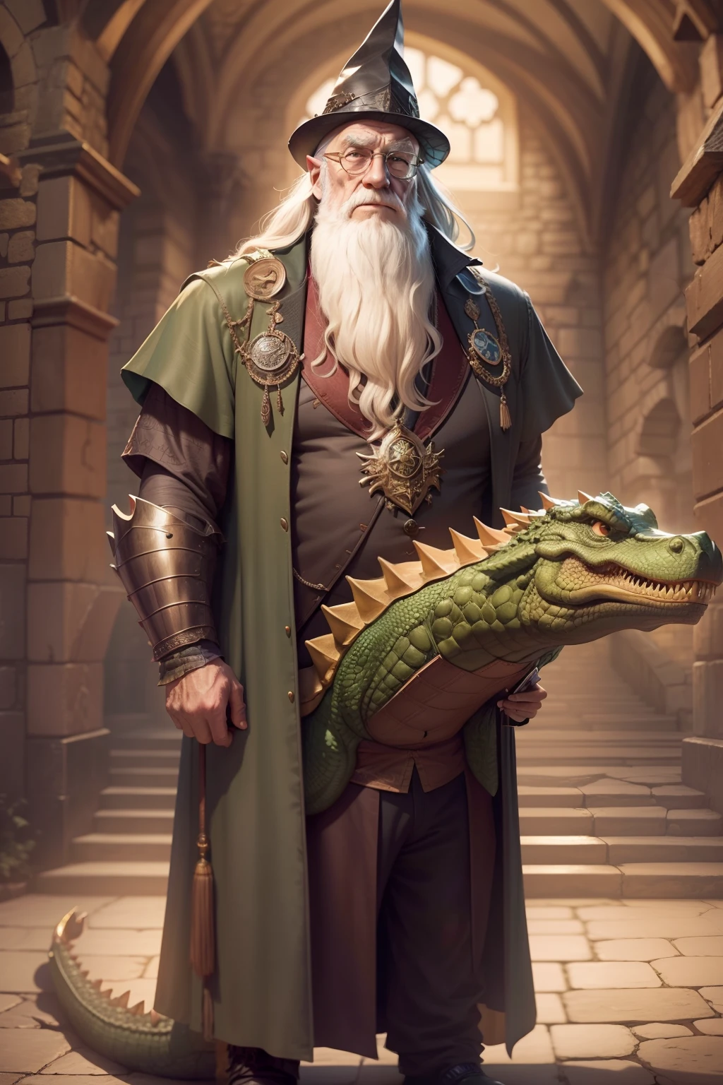 dumbledore，a old man，Big chest，wearing an outfit，Wearing crocodile dragon armor，Wearing a crocodile head hat，muscle men ，Man ，Wear half-moon glasses，Realiy，Ride a crocodile，background castle