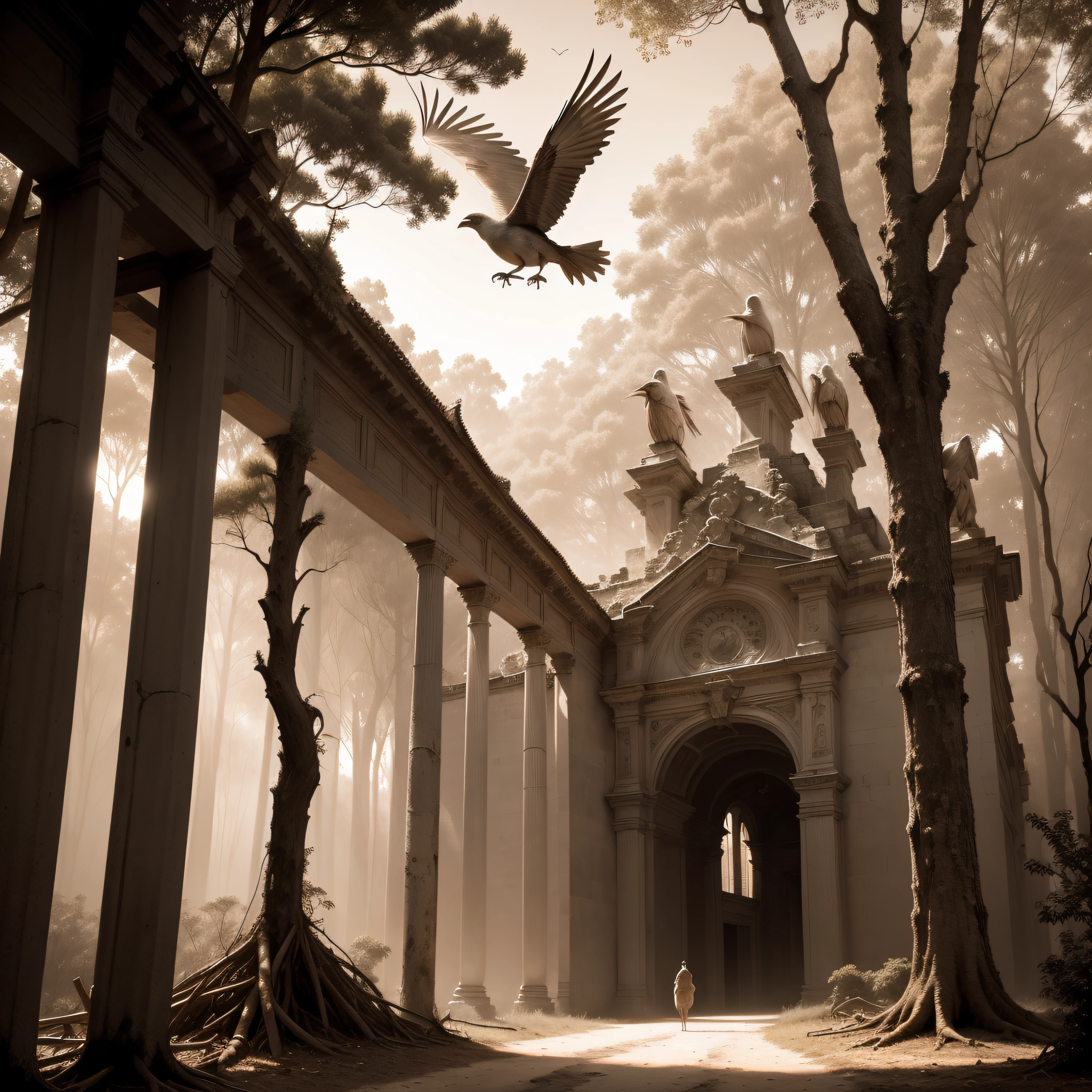 (extremadamente detallado, obra maestra, La mejor calidad, Tono sepia), Human-headed birds flying through a forest. ruinas. espino. Daytime Lighting.
