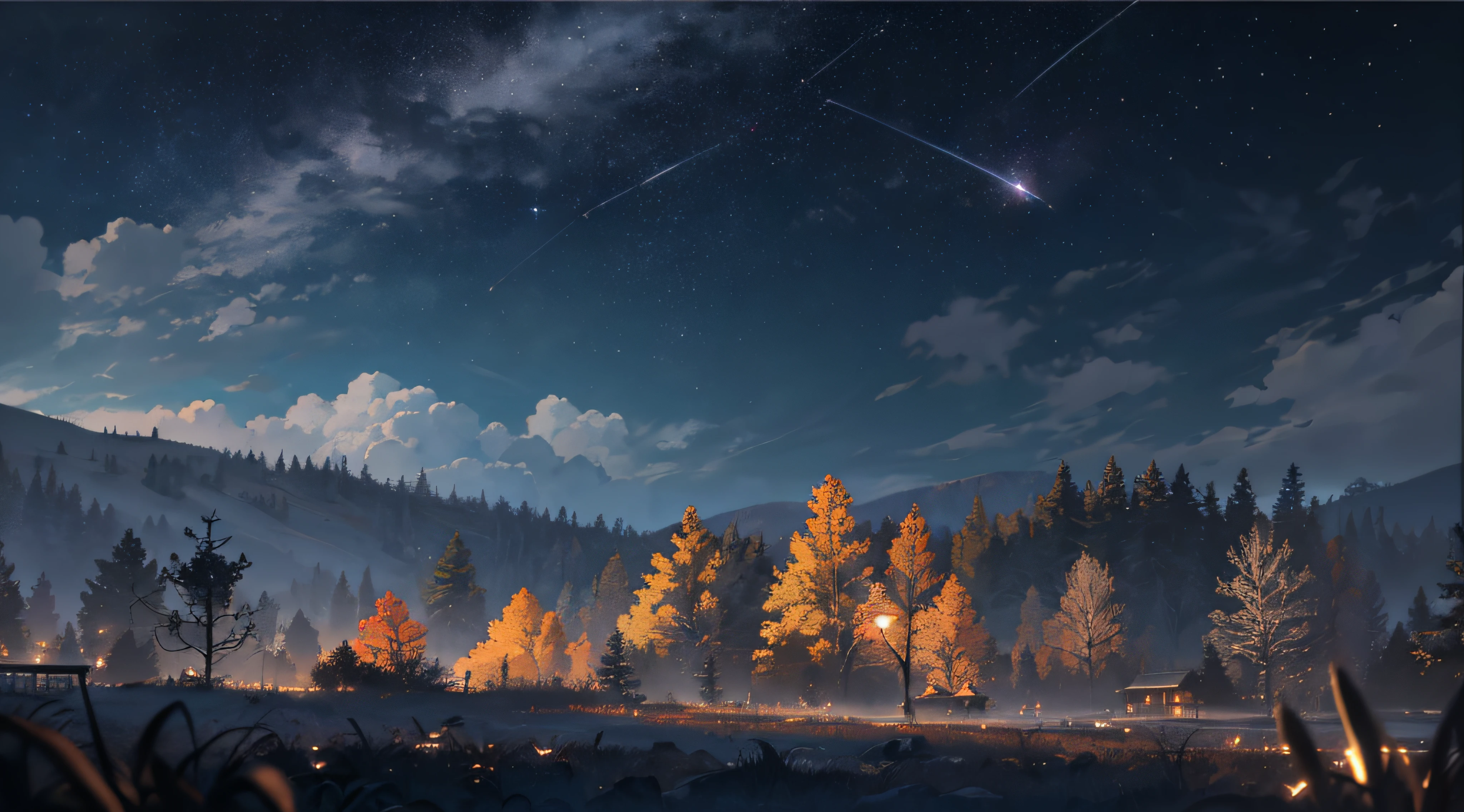 Expansive landscape photograph,(moon full:1.2),(meteors:0.9),(Starcloud:1.3),(Warm light source:1.2),(glowworm:1.2),lamp lights,Lots of purple and orange,Complicated details,Volumetriclighting,Realism BREAK(tmasterpiece:1.2),(best qualtiy),8K,Ultra-detailed,(dynamic compositions:1.4),The is very detailed,Colorful details,(Irridescent color:1.2),(luminouslighting,Atmospheric lighting),dream magical,magical,(独奏:1.2),((best qualtiy)), ((tmasterpiece)), (the detail:1.4),depth of fields,maximum definition and sharpness,perfectly proportions,Fluttering clouds,Wallpapers