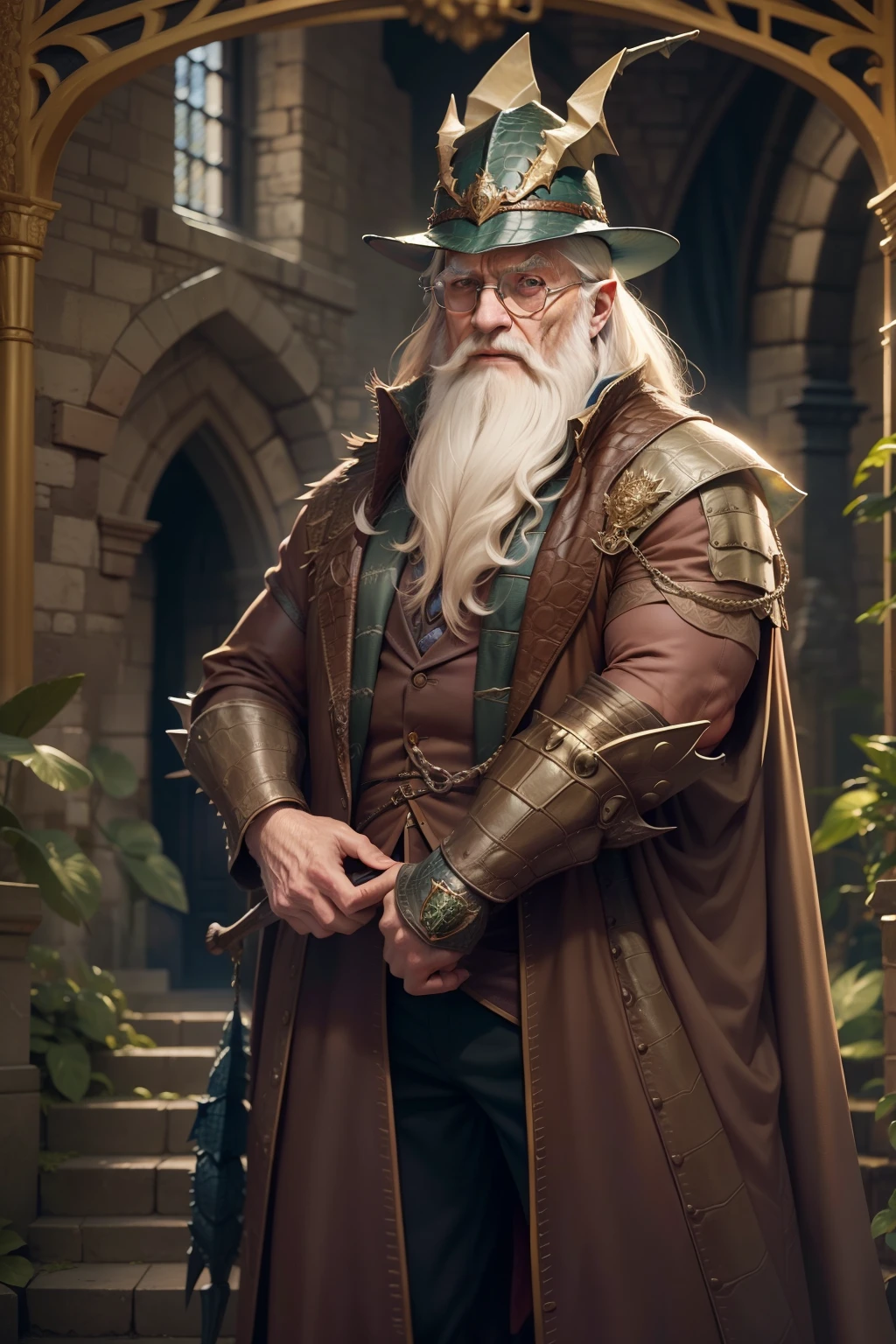dumbledore,a old man,Big chest,wearing an outfit,Wearing crocodile dragon armor,Wearing a crocodile head hat,muscle men ,Man ,Wear half-moon glasses,Realiy,Ride a crocodile,background castle