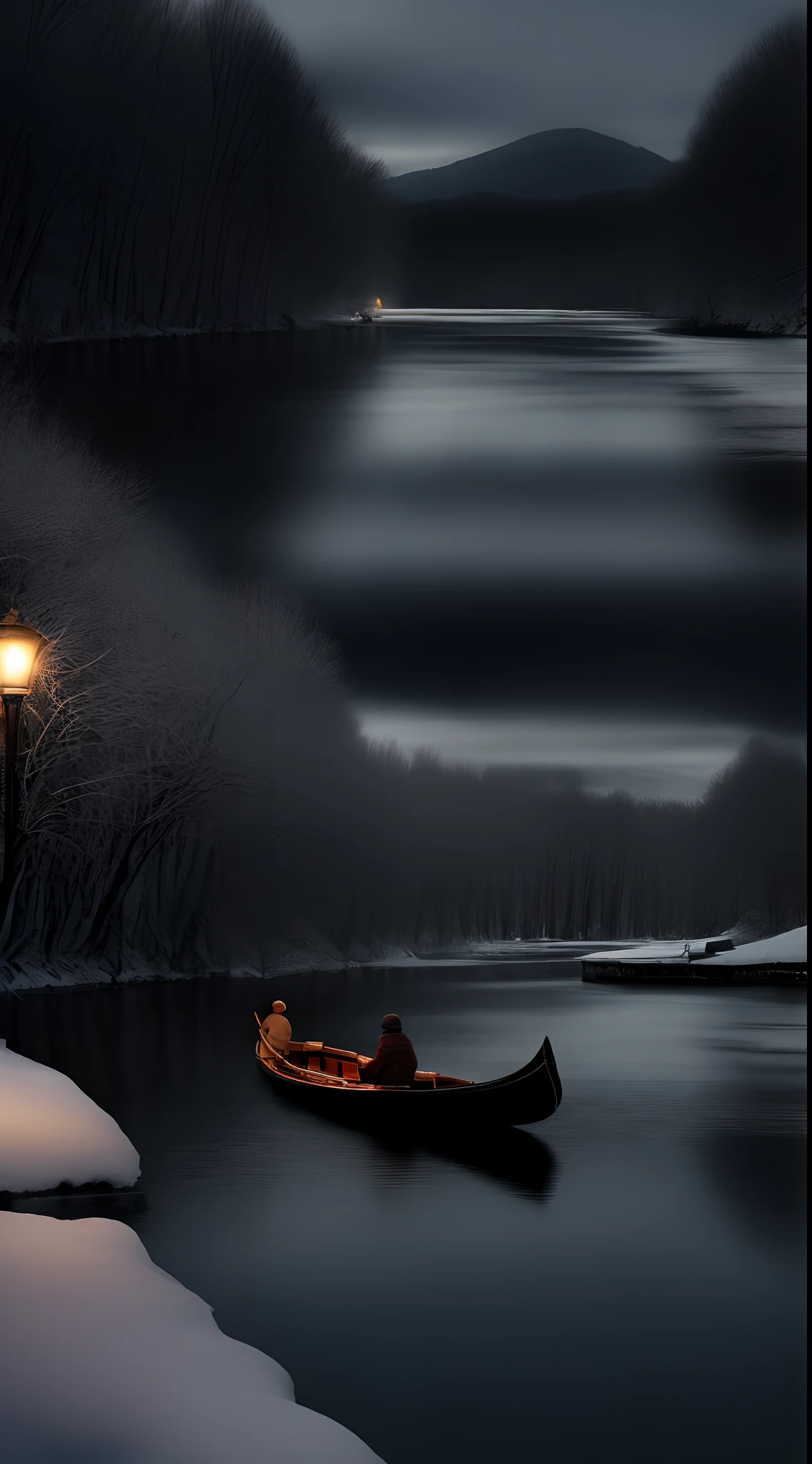 heavy snowy，There is an old man，Fishing by the river，fisherman，das boot，amazing wallpapers，rowing boat，amazing photo，by Krzysztof Boguszewski，one small boat，treading on calm water，fanciful。gondola boat， peacful， on the calm surface of the lake， boat with lamp， wallpaper - 1 0 2 4