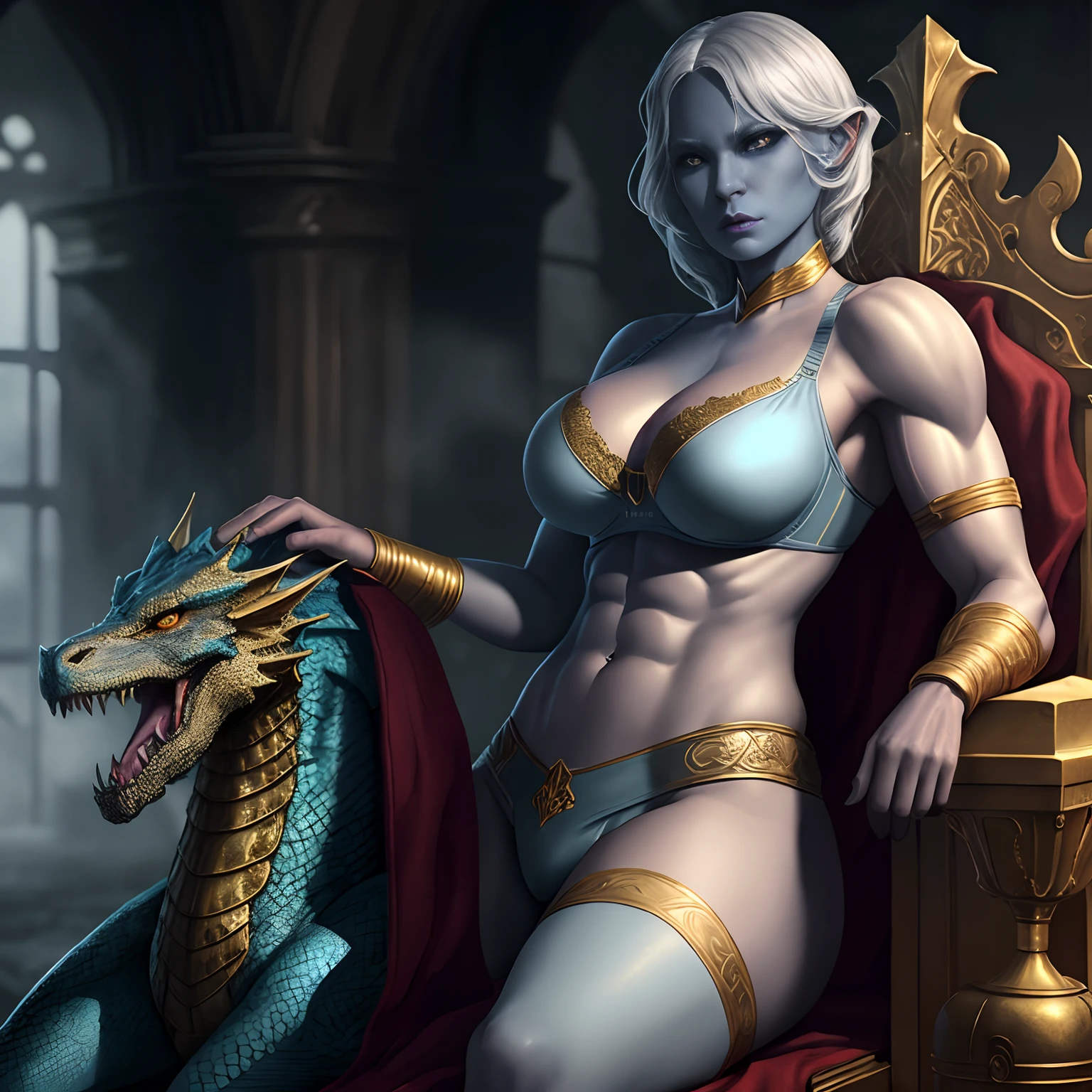 A sexy drow woman with a pale blue skin, sitting on a golden throne, pet dragon, wearing a warrior bra, muscular, fantasy, highly detailed face, highly detailed body, highly detailed, cinematic ligtning, epic ambiance, atmospheric perspective, 8k, super detail, ccurate, best quality