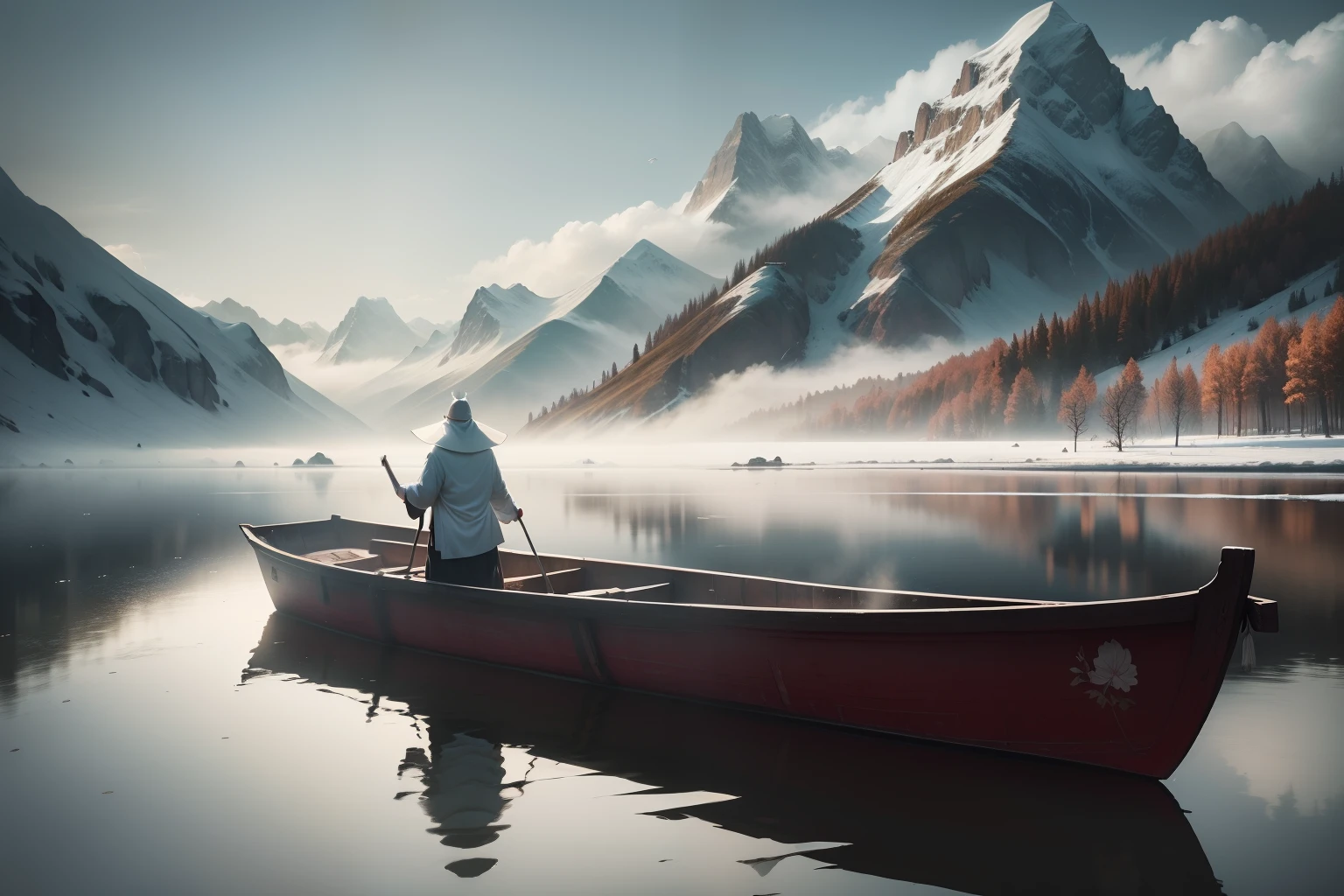 tmasterpiece,best qualityer,Chinese style,nevando,Asian ponds,snowflower,Lake surface,The sky is vast, Rolling mountains, sheer cliffs, ink wash style, Contour light, atmospurate, depth of fields, The fog rises, pines, (colorless),Mono Color,Light shades,Far away there was a man fishing on a boat,chinese ancient costume,Clothes white,Wear a cape on his head;