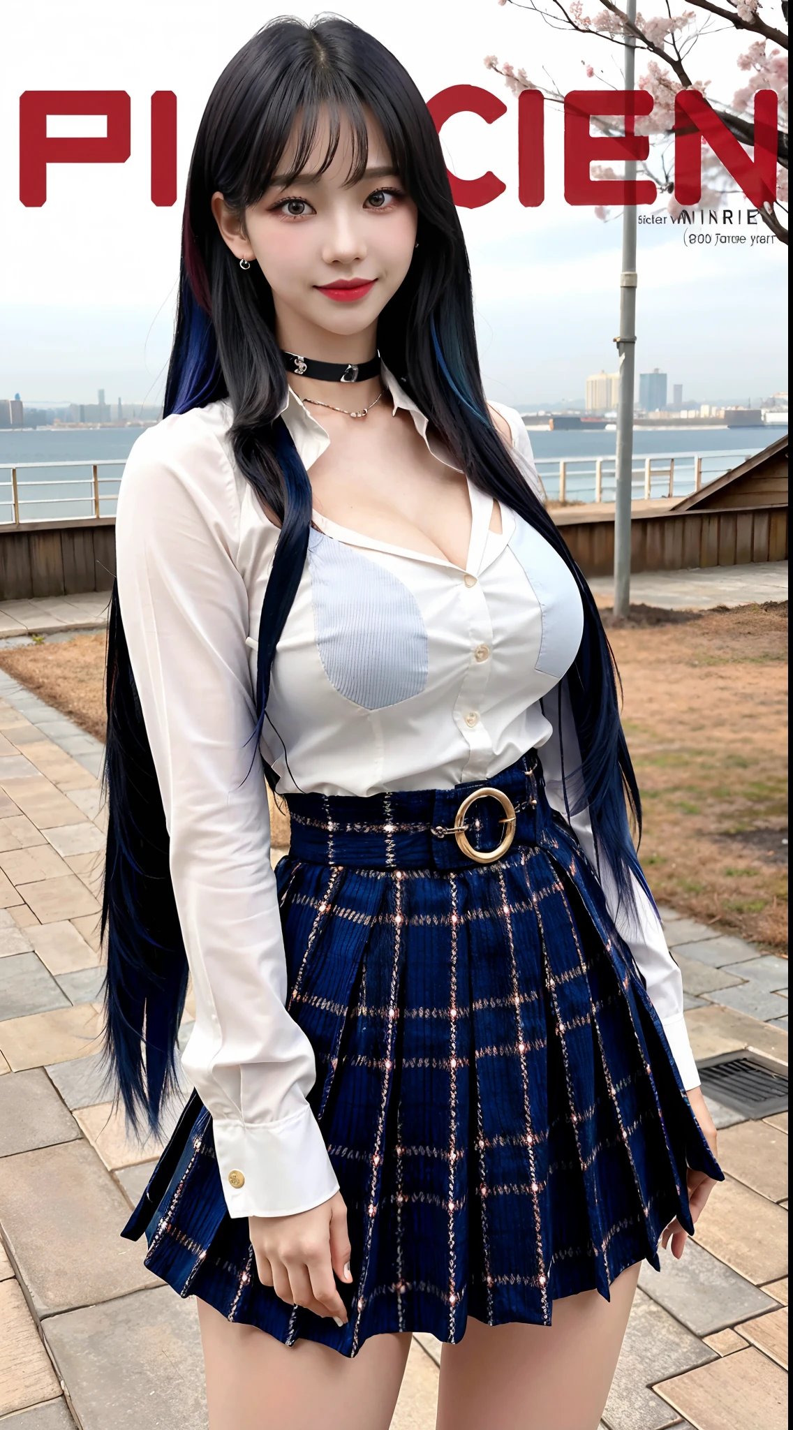 masterpiece, best quality, full body, 1girl, bangs, black choker, black necktie, black hair, blue skirt, blush, bracelet, breasts, choker, clothes around waist, collarbone, collared shirt, cowboy shot, dress shirt, ear piercing, eyebrows visible through hair, gradient hair, grin, gyaru, jewelry, kogal, long hair, looking at viewer, loose necktie, necktie, piercing, plaid, plaid skirt, pleated skirt, red eyes, ring, school uniform, shirt, skirt, smile, solo, white shirt, street, sky, cherry blossoms, petals,illustration, (magazine:1.3), (cover-style:1.3), fashionable, woman, vibrant, outfit, posing, front, colorful, dynamic, background, elements, confident, expression, holding, statement, accessory, majestic, coiled, around, touch, scene, text, cover, bold, attention-grabbing, title, stylish, font, catchy, headline, larger, striking, modern, trendy, focus, fashion, gigantic boobs