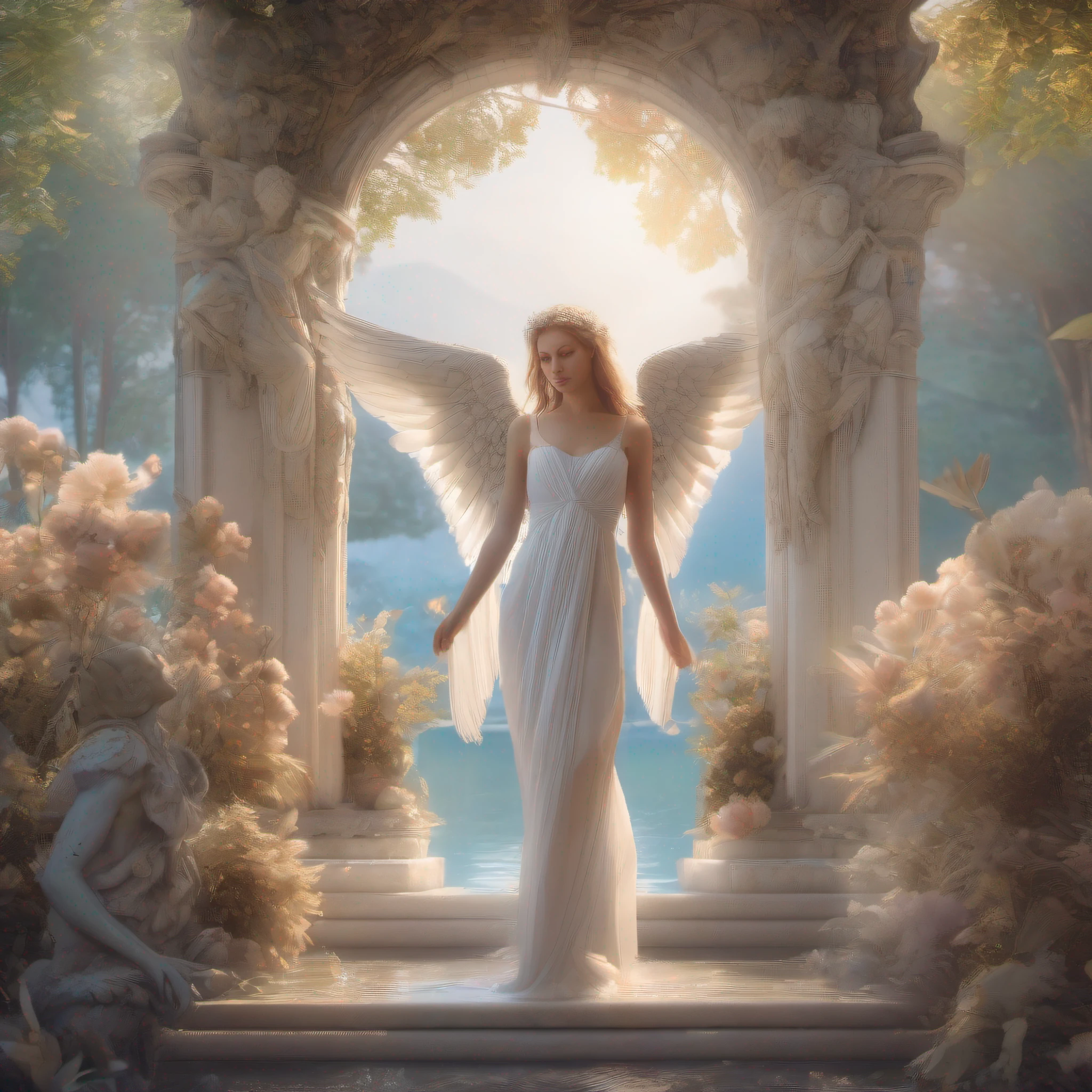 masterpiece:1.0), (best quality:1.4), (ultra highres:1.2), (photorealistic:1.4), 8k resolution, Canon EOS R5, 50m)), ((ethereal)), angels, paradise, wings, halo, soft light, beauty, peaceful, serene. in the heavenly paradise, ethereal angels with magnificent wings and halo they are perfect and her body remains the marble.their poses of unparalleled beauty. they are wearing a heavenly outfit with whithe feather perfecly fit in their backs, with amazing bodies and beautiful blue eyes))wearing also golden lace ribbons. ((in the paradise garden there is a fountain of youth with many trees and flowers around a big lake and marble palace and statues, raw, 8k, looking at viewer's high definition