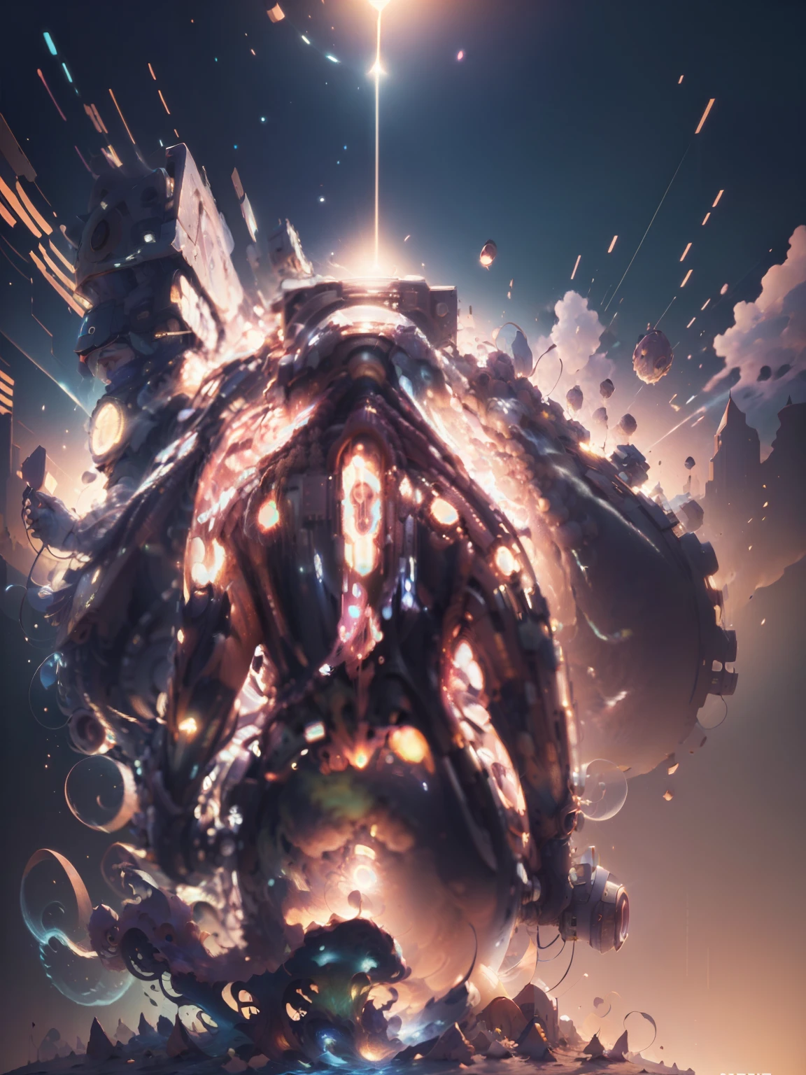 ((Masterpiece)), (Best Quality)), 8K, high detail, hyper-detail, the painting depicts a scene of breathtaking magnificent spatial images. The picture shows a man wearing a spacesuit, facing back, looking at a red glowing planet in space. The scenes are extremely detailed and the clarity is extraordinary, capturing every intricate detail of the panorama.