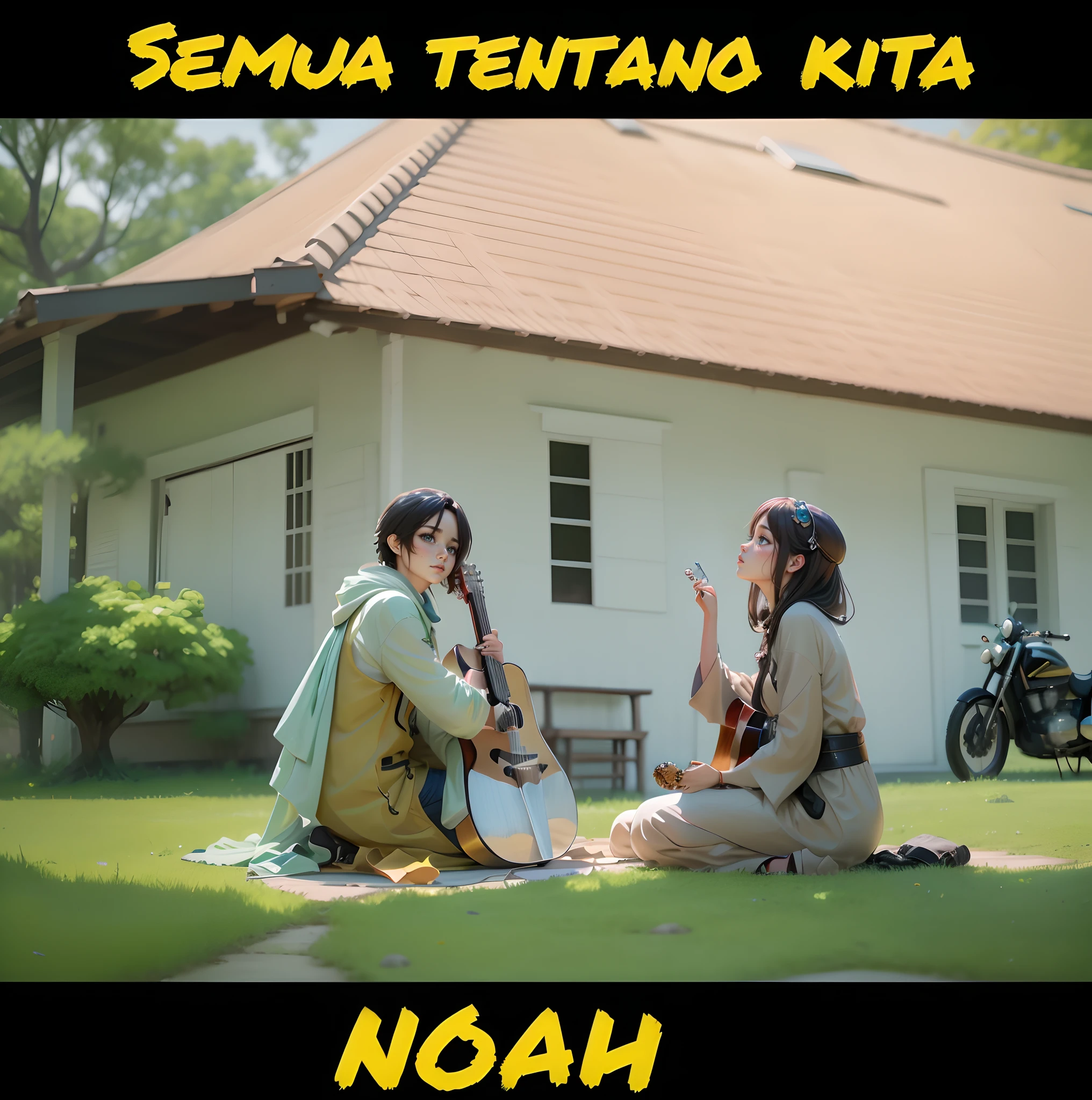animesque、anime styled、Speciality、Moisturized eyes、Beautiful detailed eyes, (8K, Best Quality, masutepiece:1.2), (Realistic, Photorealsitic:1.37), Ultra-detailed,portraitures,boy and girl, house, guitar, motorcycle, tree,grass