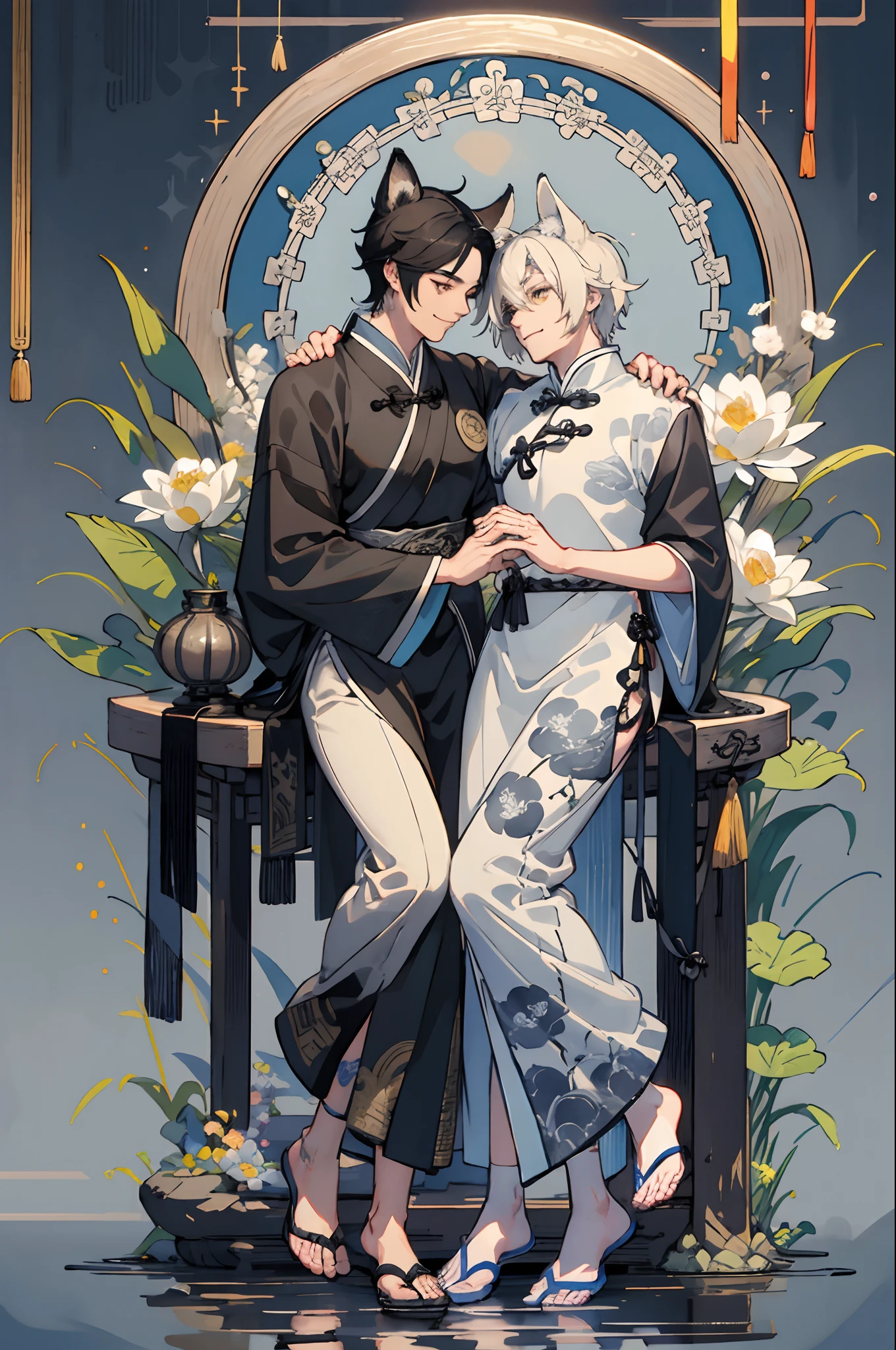 (8K, hight resolution, ultra-detailliert), Gay Couple, 1 man and 1 man, Mature, Hair color is different, (cuddling), full body Esbian, a blonde and a black hair, (Two men smiling face to face)、Gray-haired man with beautiful fox ears、Strong man with black hair with wolf ears、ink and watercolor painting、Traditional Chinese Ink Painting、lotuses、Hanfu、Maxi Kit、Dress conservatively、Animal ears, Knights、bule、florals、Lots of flowers nearby、shenron、extra detailed face