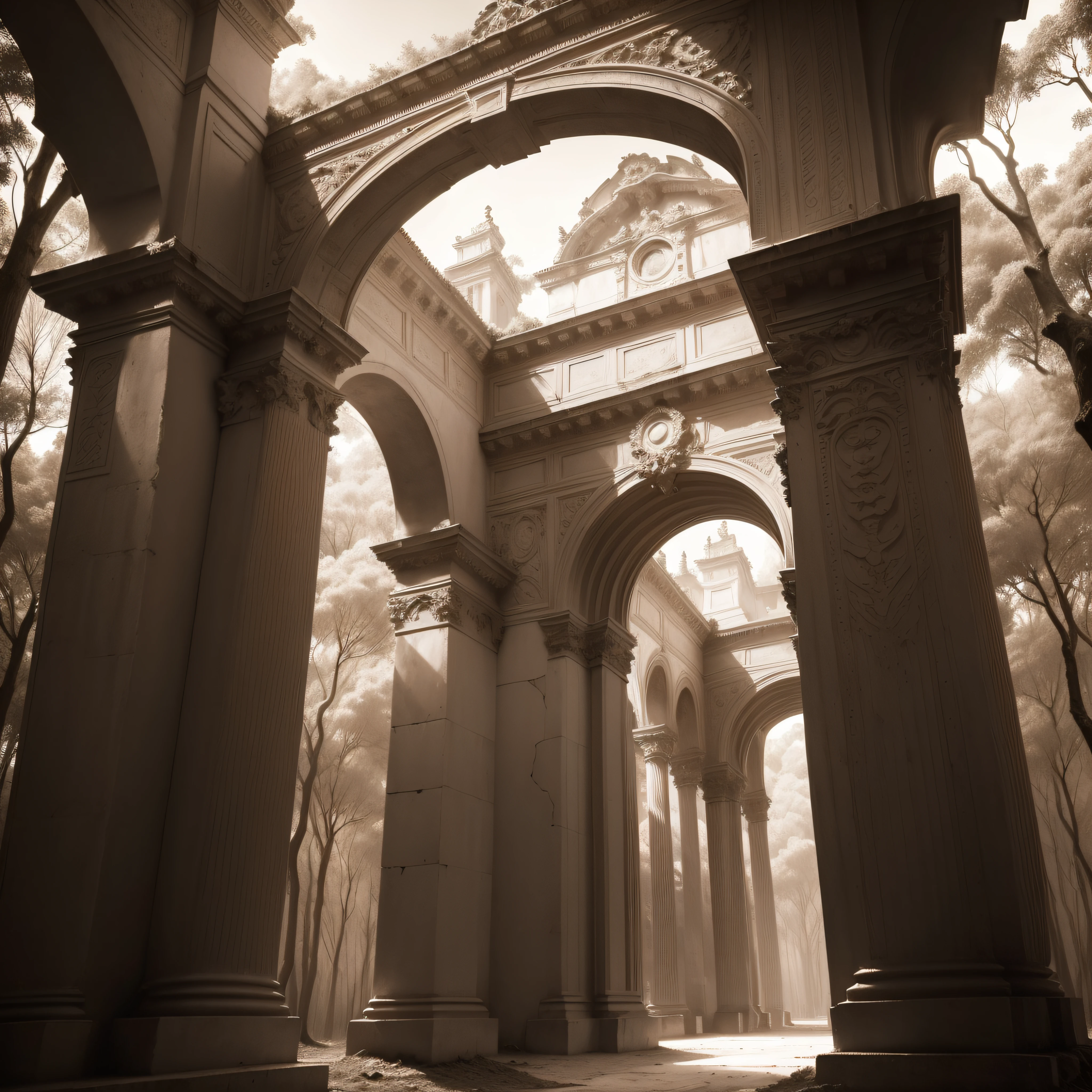 (extremadamente detallado, obra maestra, La mejor calidad, Tono sepia), Human-headed birds flying through a forest. ruinas. espino. Daytime Lighting.