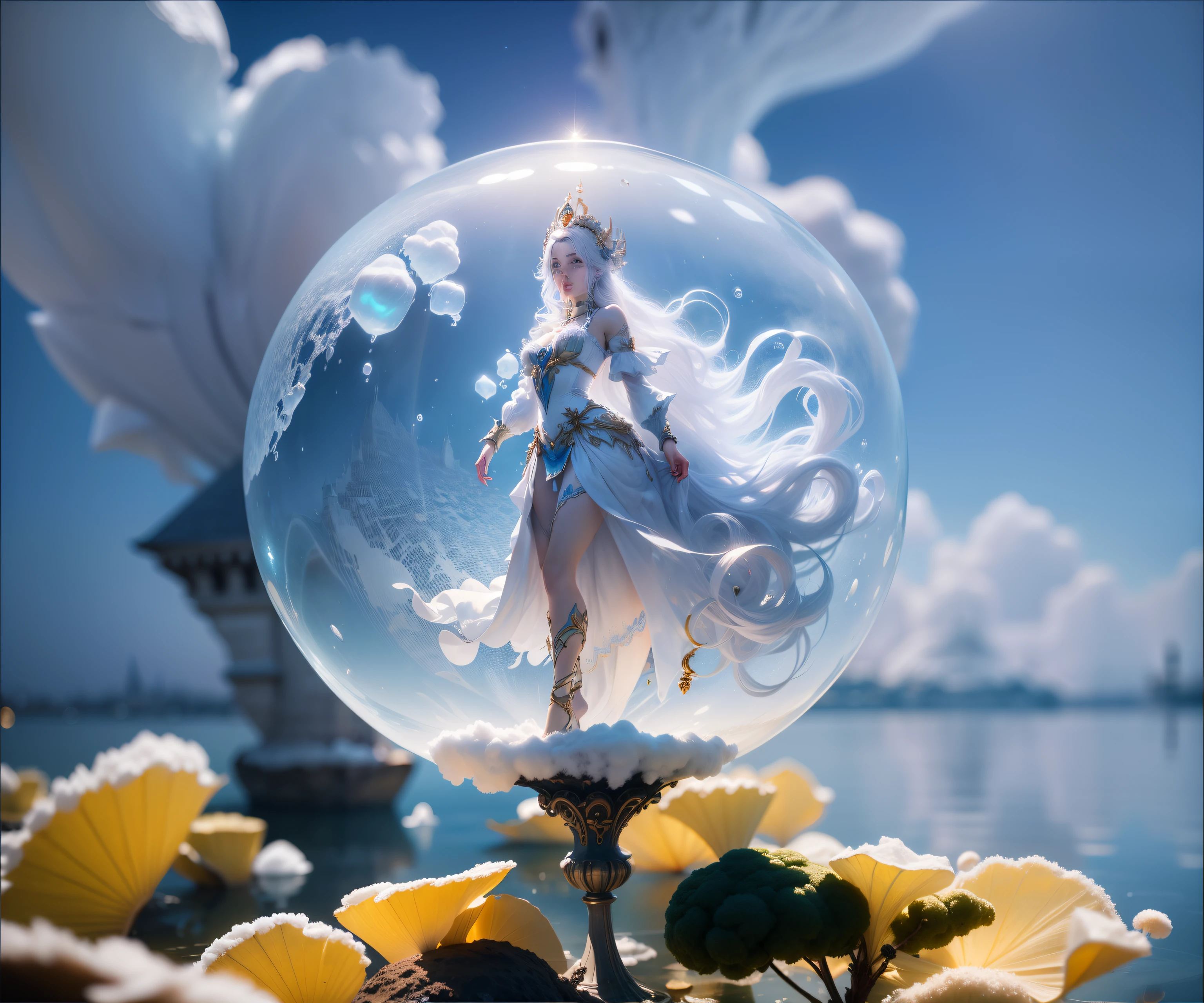 Cotton Candy Queen Women Goddess 8k Resolution Rendered Hyper Realistic Intricate Detail lives in an ice bubble, a fanciful place filled with castles, cotton candy, swans lakes and fluffy clouds, An intricate visual representation of computer programing, rendered in 24k resolution with intricate details and symbols.