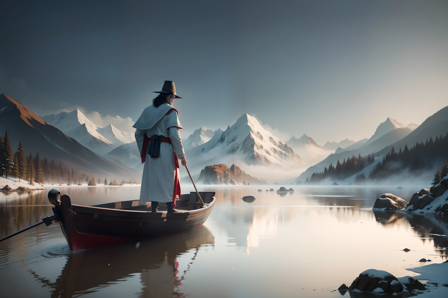 tmasterpiece，best qualityer，Chinese style，nevando，Asian ponds，snowflower，Lake surface，The sky is vast, Rolling mountains, sheer cliffs, ink wash style, Contour light, atmospurate, depth of fields, The fog rises, pines, (colorless),Mono Color,Light shades,In the distance there was a man fishing in a boat，chinese ancient costume，Wear a cape on his head；