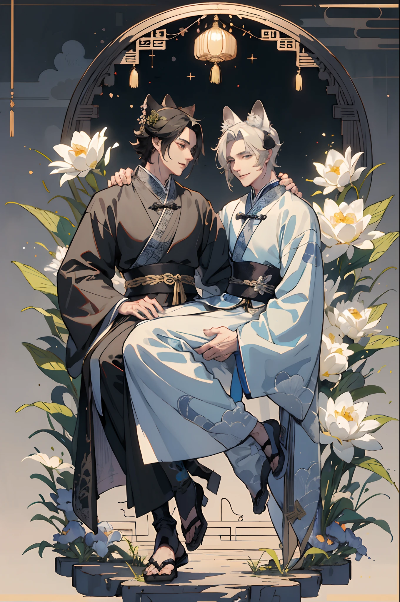(8K, hight resolution, ultra-detailliert), Gay Couple, 1 man and 1 man, Mature, Hair color is different, (cuddling), full body Esbian, a blonde and a black hair, (Two men smiling face to face)、Gray-haired man with beautiful fox ears、Strong man with black hair with wolf ears、ink and watercolor painting、Traditional Chinese Ink Painting、lotuses、Hanfu、Maxi Kit、Dress conservatively、Animal ears, Knights、bule、florals、Lots of flowers nearby、shenron、extra detailed face