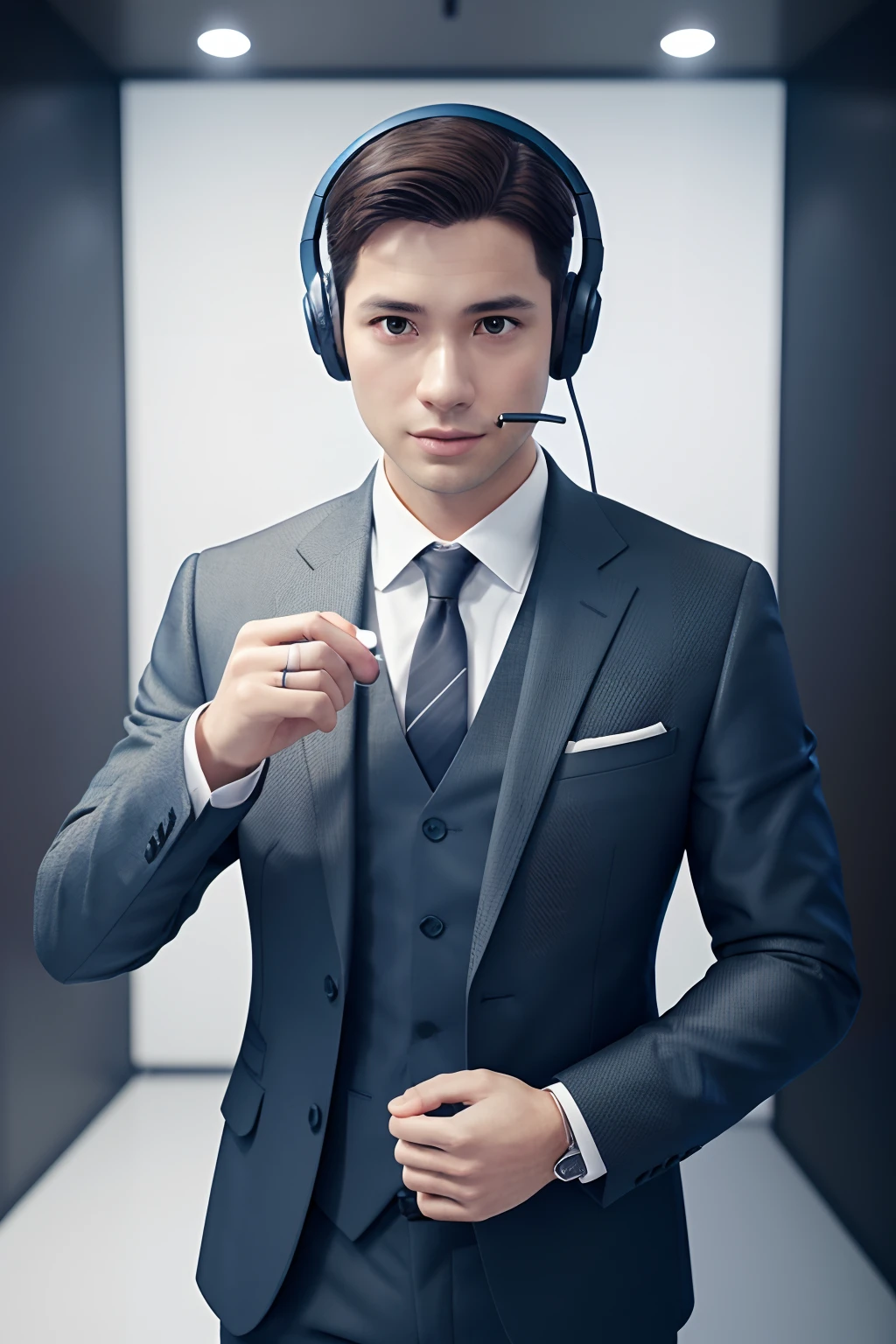 A man wears a suit，Headsets，The profession is customer service，Explain postures， White background,rich details​, hyper HD,Pinterest, Ray tracing. blender, C4D, OC renderer, High quality,16k --auto