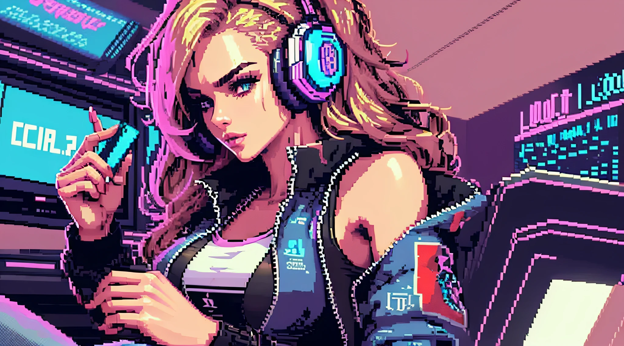 (pixelart:1.2), beautiful cyberpunk women,sexy gamer girl,wearing a headset,designer tank top with logos,jeans, cool sports jacket,long wild hair dyed multi colours,