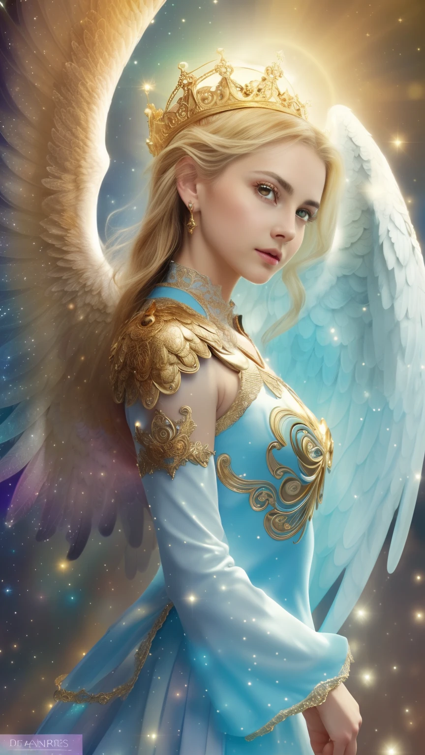 (((Holy GUARDIAN ANGEL. 19 years old))) ((( Con una cara seria y piadosa. Con una mirada dulce y tierna))) (obra maestra, calidad superior, mejor calidad, arte oficial, beautiful and aesthetic: 1.2), (1girl), extremadamente detallado, (Arte fractal: 1.3), colorido, highest detailed, Cara perfecta, parte superior del cuerpo, HDR, (orando: 1.3), (golden lines of white coat: 1.2), galaxia, (rayas de luz), eye-catching visuals, (dynamic stripes, senderos luminosos: 1.2), colores vibrantes,
