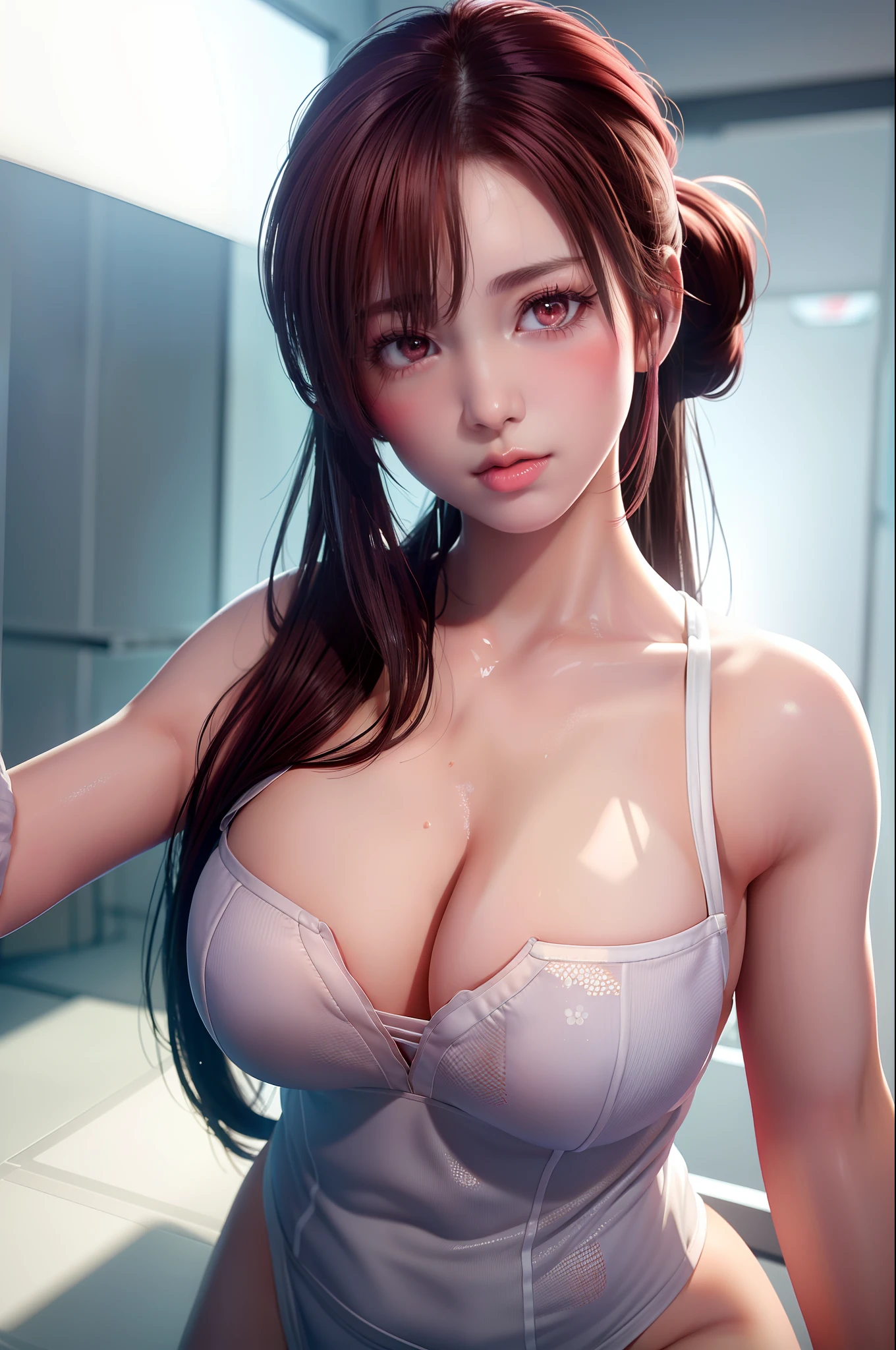 masterpiece:1.2, best quality), realistic, (real picture, intricate details, depth of field), (1girl, solo), make up, parted lips, highly-detailed, perfect face, (large breasts:1.4), , small waist, perfect body, fair skin,open cloth, cleavage, tall, glossy coral lips, red hairs, red eyes, ponytail, (A girl playing volleyball, white volleyball uniform), (sweating:1.2), (wet), sexy, blushing,