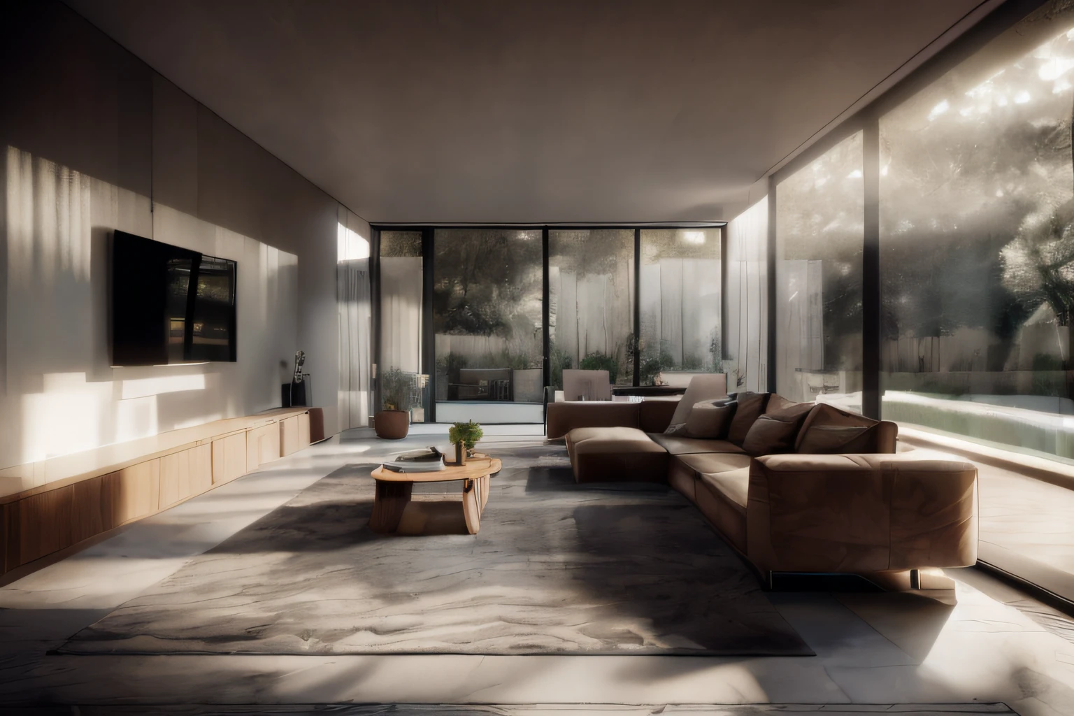 arafed living room with a couch, Mesa, and television, Archviz, renderizado em corona, hdr render in unreal engine 5, atmospheric render, detailed archviz render, renderizado em unreal engine 4k hq, renderizado em unreal engine 4 k hq, photorealistic cinematic render, renderizado no Unreal Engine 5, renderizado no Unreal Engine 6, unreal engine realistic render