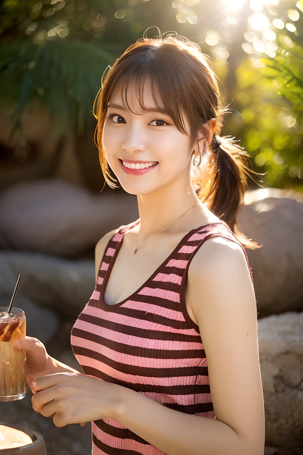 (masutepiece,Best Quality,hight resolution,Realistic,Portrait photos,), (Solo Beauty Idol Girl,with round face),(Light brown and pink striped hair,poneyTail,hair pin,),Happy smiling face、Girl enjoying barbecue on beautiful riverbed,(Roast the meat on a strong fire with a drink in one hand:1.3),Loose T-shirt.mid-riff peak,shortpants,Necklace,Piercing,Beautiful hands,Beautiful fingers,
(Looking at Viewer,),(sun beam, Backlighting,)(Full body shot,),