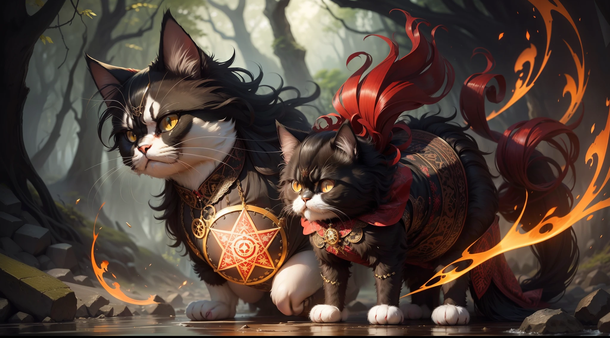 persian cat Anthropomorphic, steampunk,,, spiderman dress with intricate ornamentation red and black,,,,,, highest quality,, very angry face, body fitness, full body, long hair with braids, in a stream in a majestic forest, in the floor there is drawn a pentagram with stones