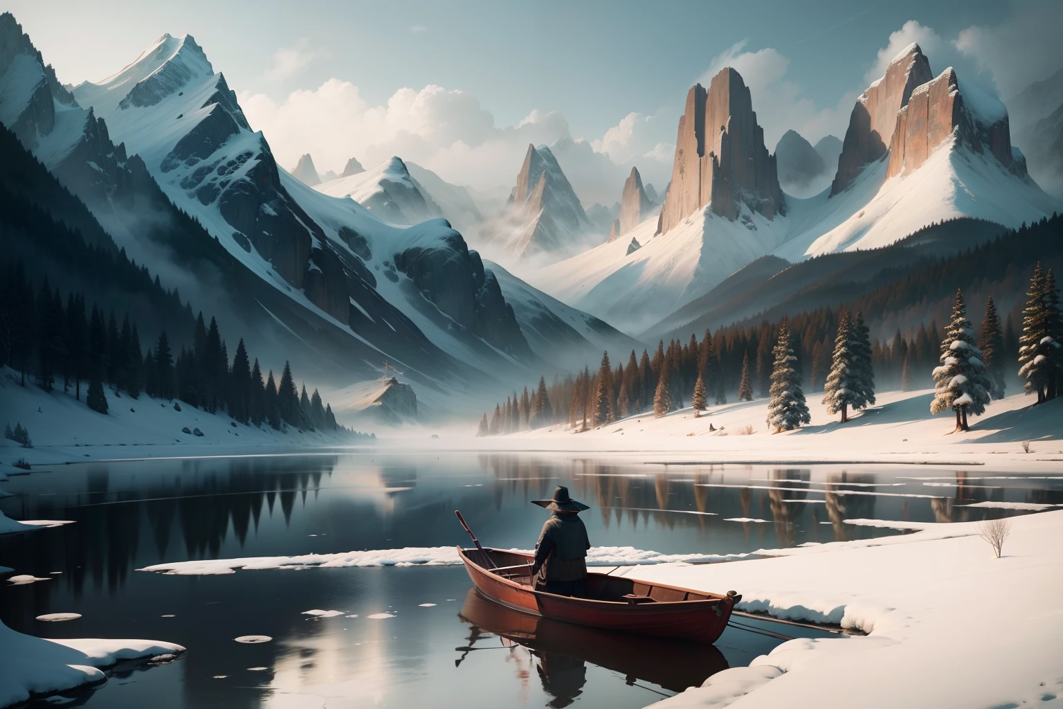 tmasterpiece,best qualityer,Chinese style,nevando,Asian ponds,snowflower,Lake surface,The sky is vast, Rolling mountains, sheer cliffs, ink wash style, Contour light, atmospurate, depth of fields, The fog rises, pines, (colorless),Mono Color,Light shades,In the distance there was a man fishing in a boat,chinese ancient costume,Wear a cape on his head;