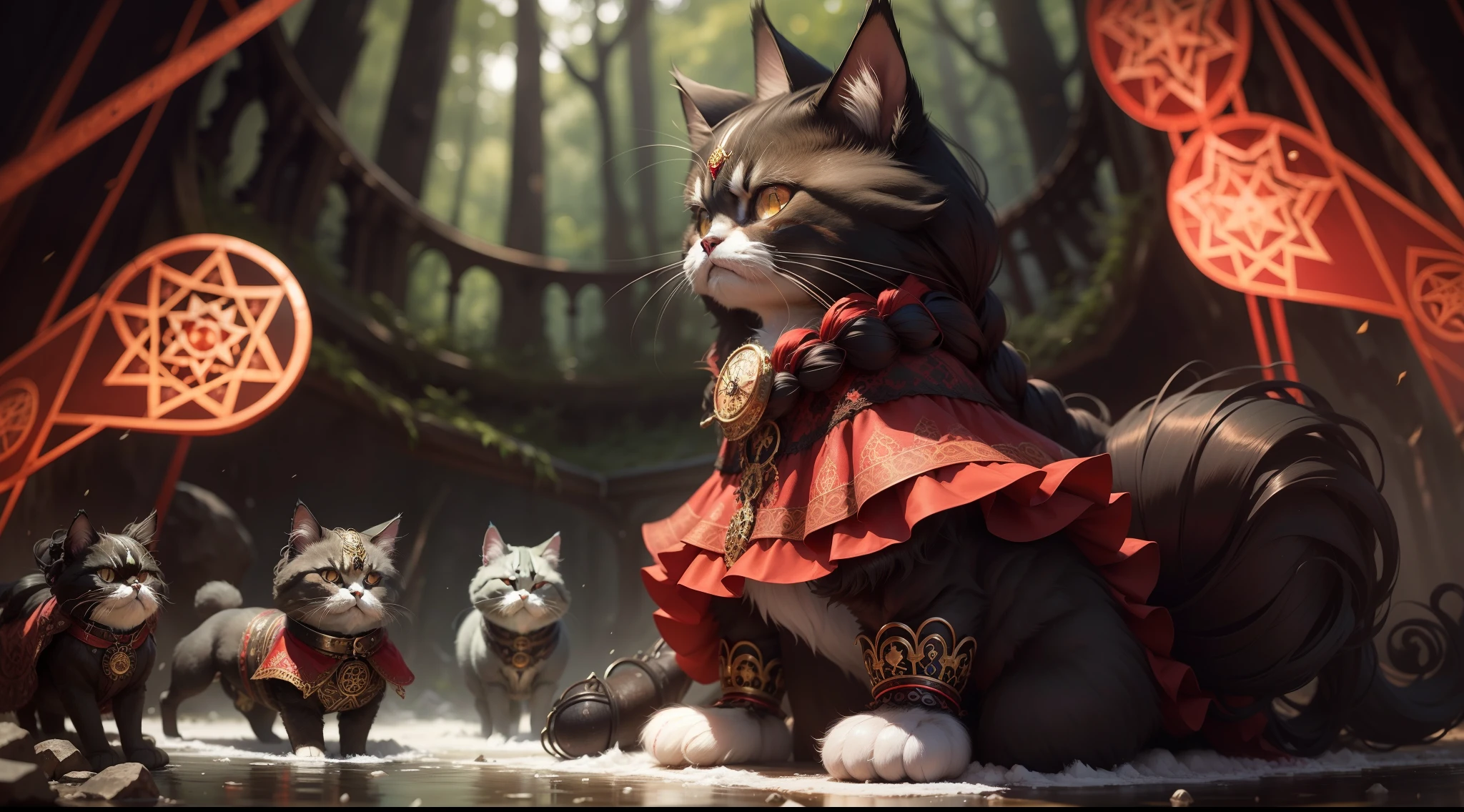 persian cat Anthropomorphic, steampunk,,, spiderman dress with intricate ornamentation red and black,,,,,, highest quality,, very angry face, body fitness, full body, long hair with braids, in a stream in a majestic forest, in the floor there is drawn a pentagram with stones