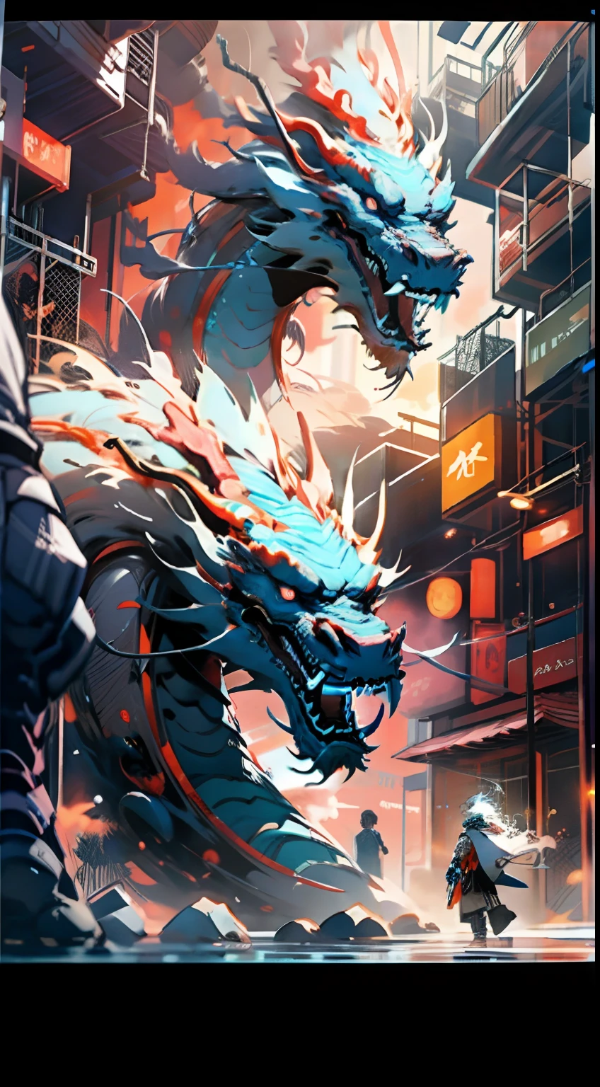 A futuristic,mito,fanciful,modern city setting,White-haired boy with avant-garde outfit,Surrounded by mechanical Asian dragons,neonlight:1.2,cybernetically enhanced:1.1,Ethereal dragon scales:1.1,action-packed scene:1.2,cinematic compositions:1.1,Mixed media artwork,8K分辨率。