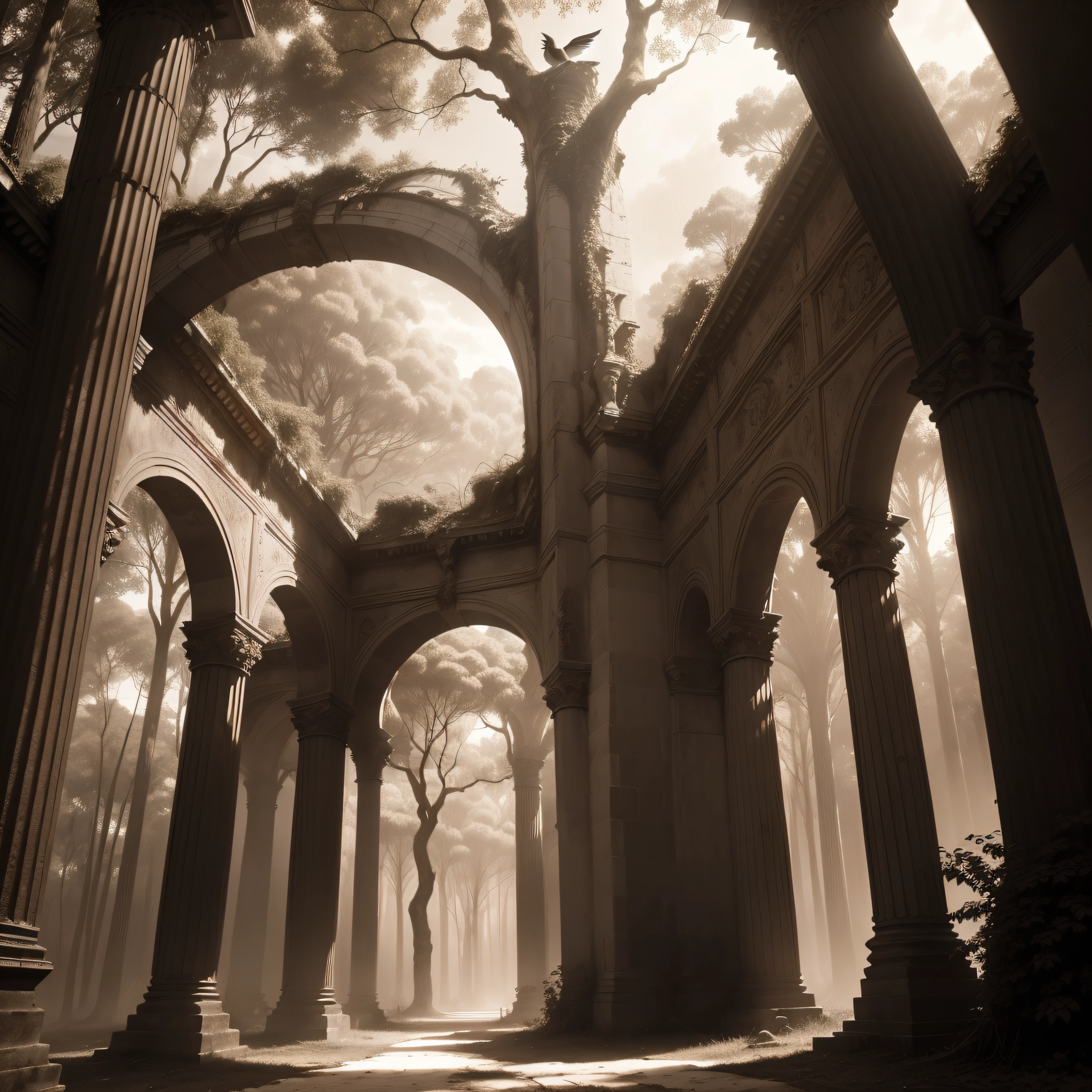 (extremadamente detallado, obra maestra, La mejor calidad, Tono sepia), Human-headed birds flying through a forest. ruinas. espino. Daytime Lighting.