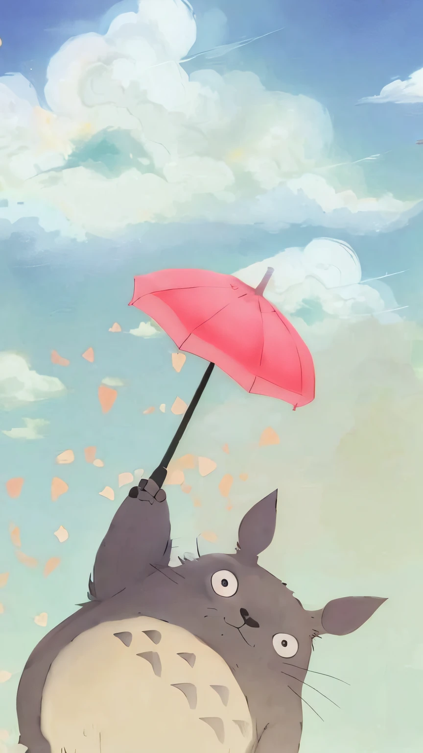 There is a cartoon image of a cat holding an umbrella, Totoro, de Totoro, meu neigbor Totoro, Totoro do meu vizinho Totoro, "Totoro, Inspirado em Ghibli, Directed by: Kamisaka Sekka, vibe ghibli, meu vizinho Totoro, Estilo de Arte Ghibli, em estilo de Ghibli, por Miyazaki, Chovendo!!, Estilo Ghibli