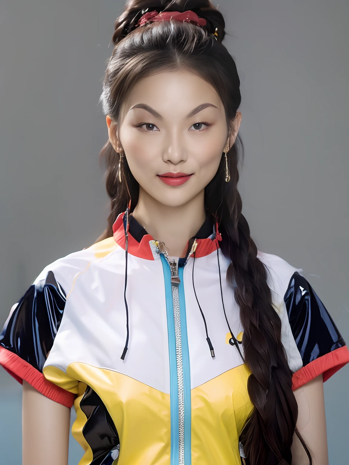 A Chinese high school girl,PVC yellow and blue sportswear,zippers