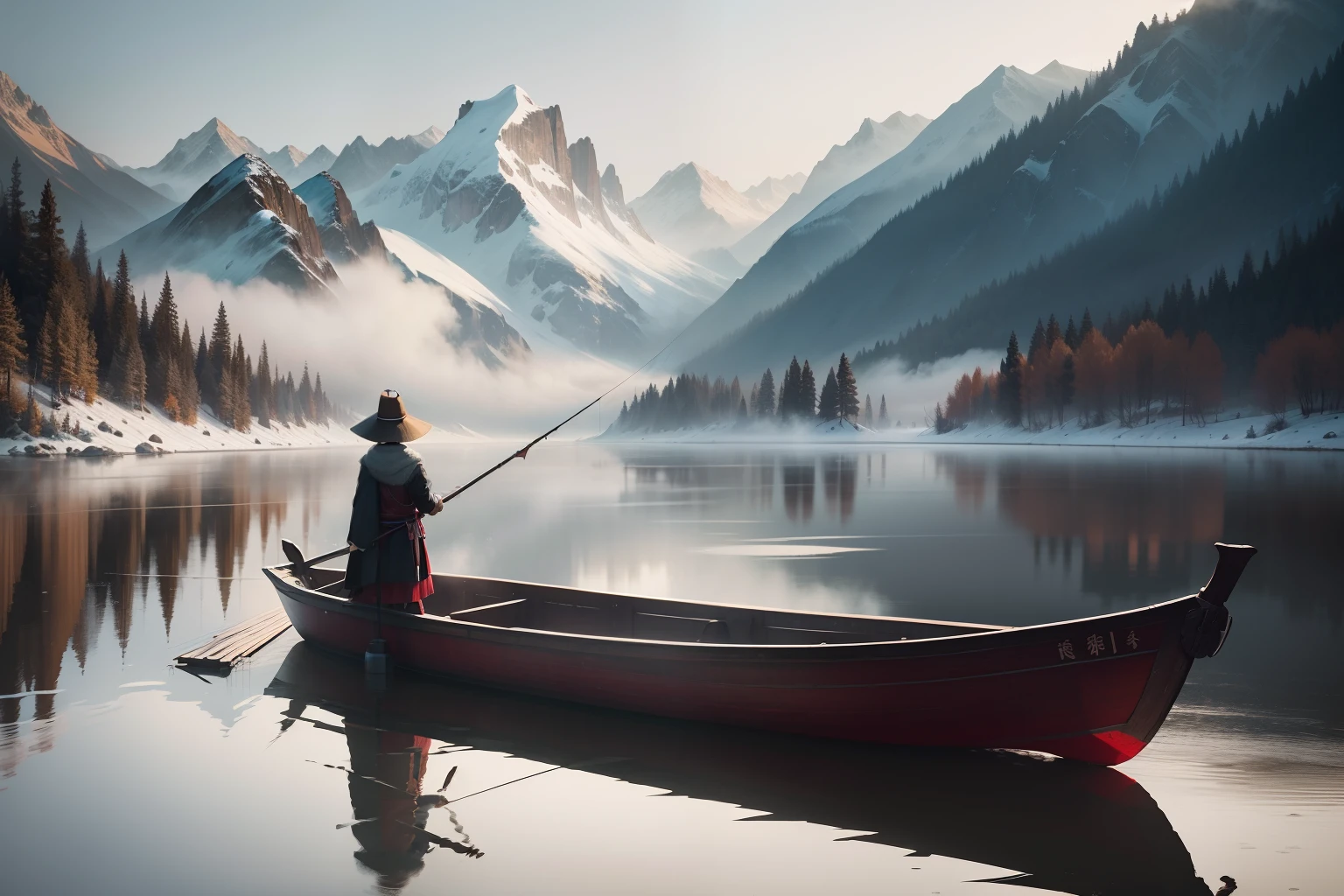 tmasterpiece，best qualityer，Chinese style，nevando，Asian ponds，snowflower，Lake surface，The sky is vast, Rolling mountains, sheer cliffs, ink wash style, Contour light, atmospurate, depth of fields, The fog rises, pines, (colorless),Mono Color,Light shades,In the distance there was a man fishing on a wooden boat，chinese ancient costume，Wear a cape on his head；