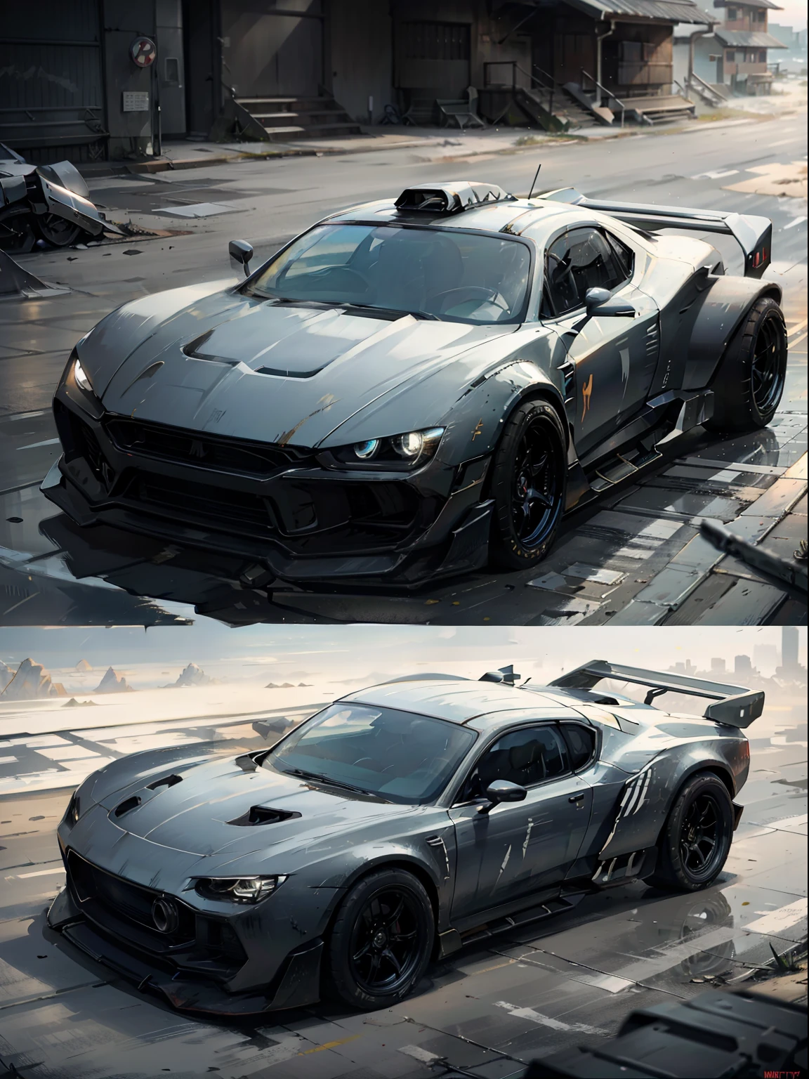 A futuristic, post apocalyptic, mad max, aggressive, dangerous, badass car