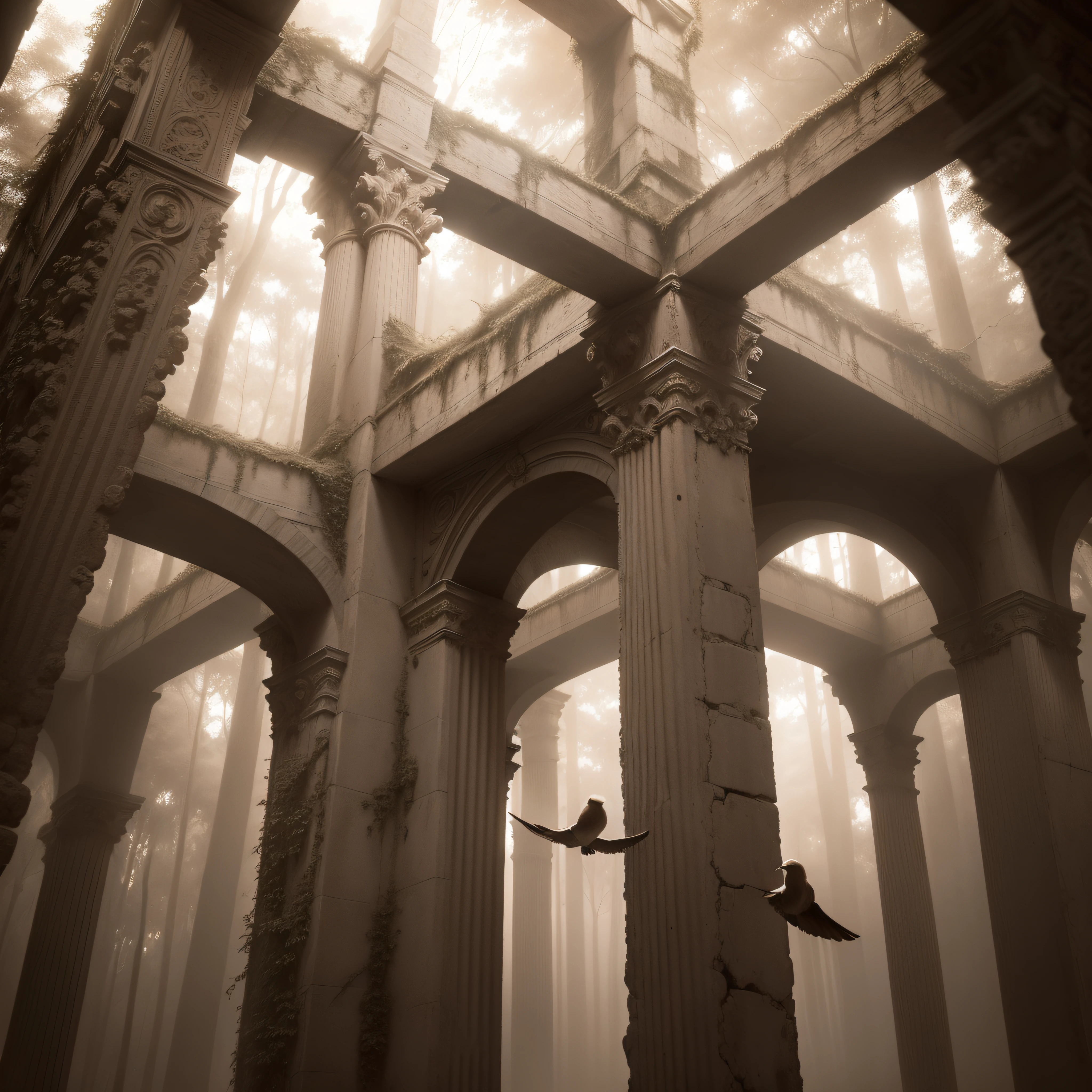 (extremadamente detallado, obra maestra, La mejor calidad, Tono sepia), Human-headed birds flying through a forest. ruinas. espino. Daytime Lighting.