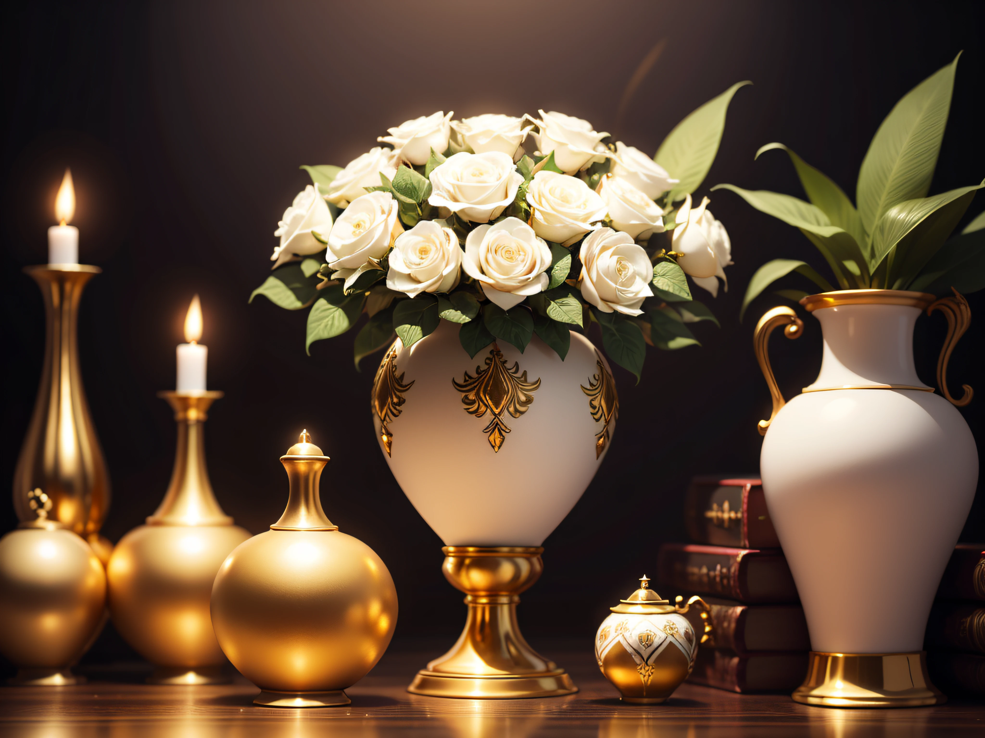 White vase with gold ornaments on a dark background