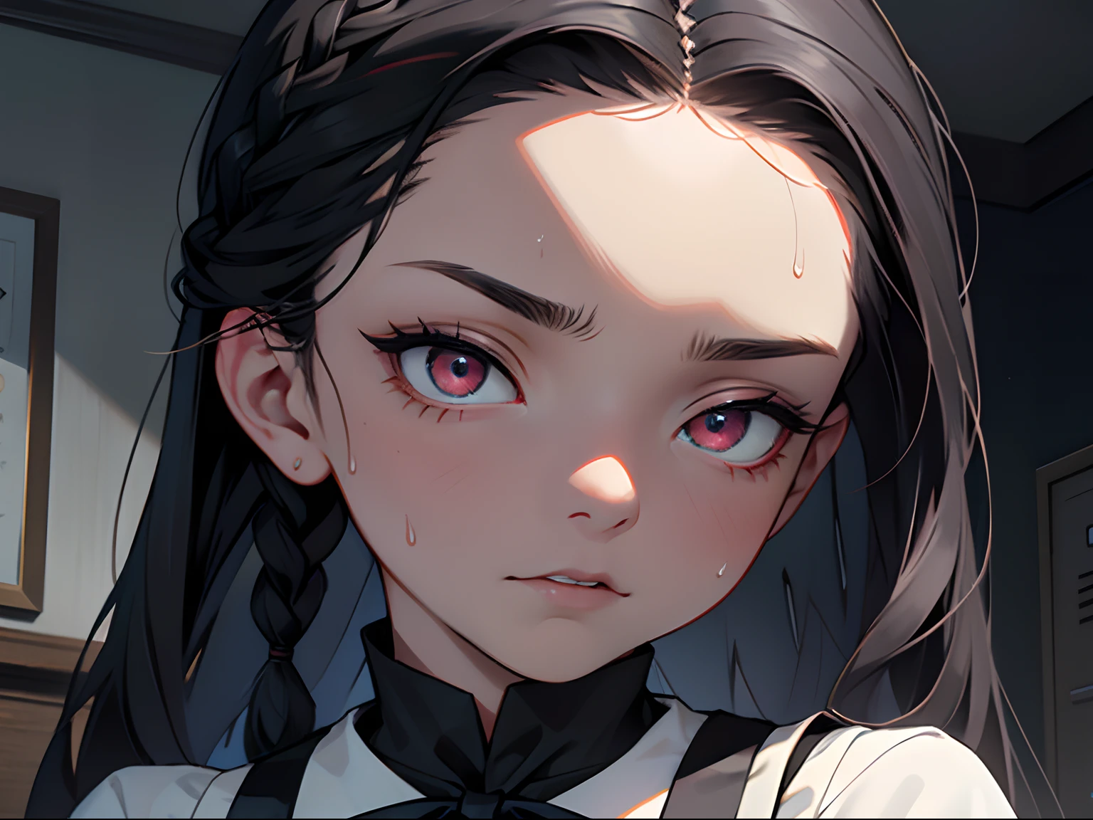 (professhional lighting), ((Beautiful eyes)),wide shot layout,wednesday addams BREAK 12years old,black hair,blunt bangs,pale skin,red eyes,jitome,hollow eyes, half-closed eyes,detailed eyes,beautiful eyes,hair ornaments at hexagram,1girl,solo,braid,ashamed,troubled expression,best quality,ultra-detailed,(masterpiece),sweat,wear Black tie,wear white shirt,wear black vest,looking away,fullbody,Watching films in my room,